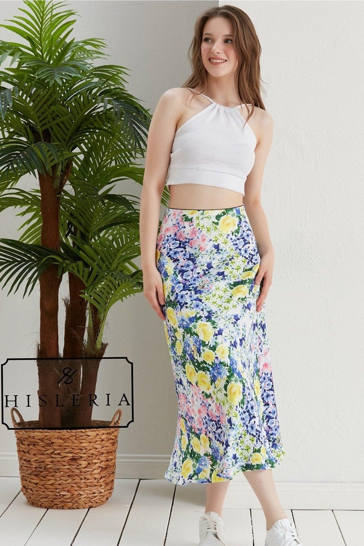 Floral Pattern Viscose Satin Midi Length Skirt -yellow Flower - Swordslife