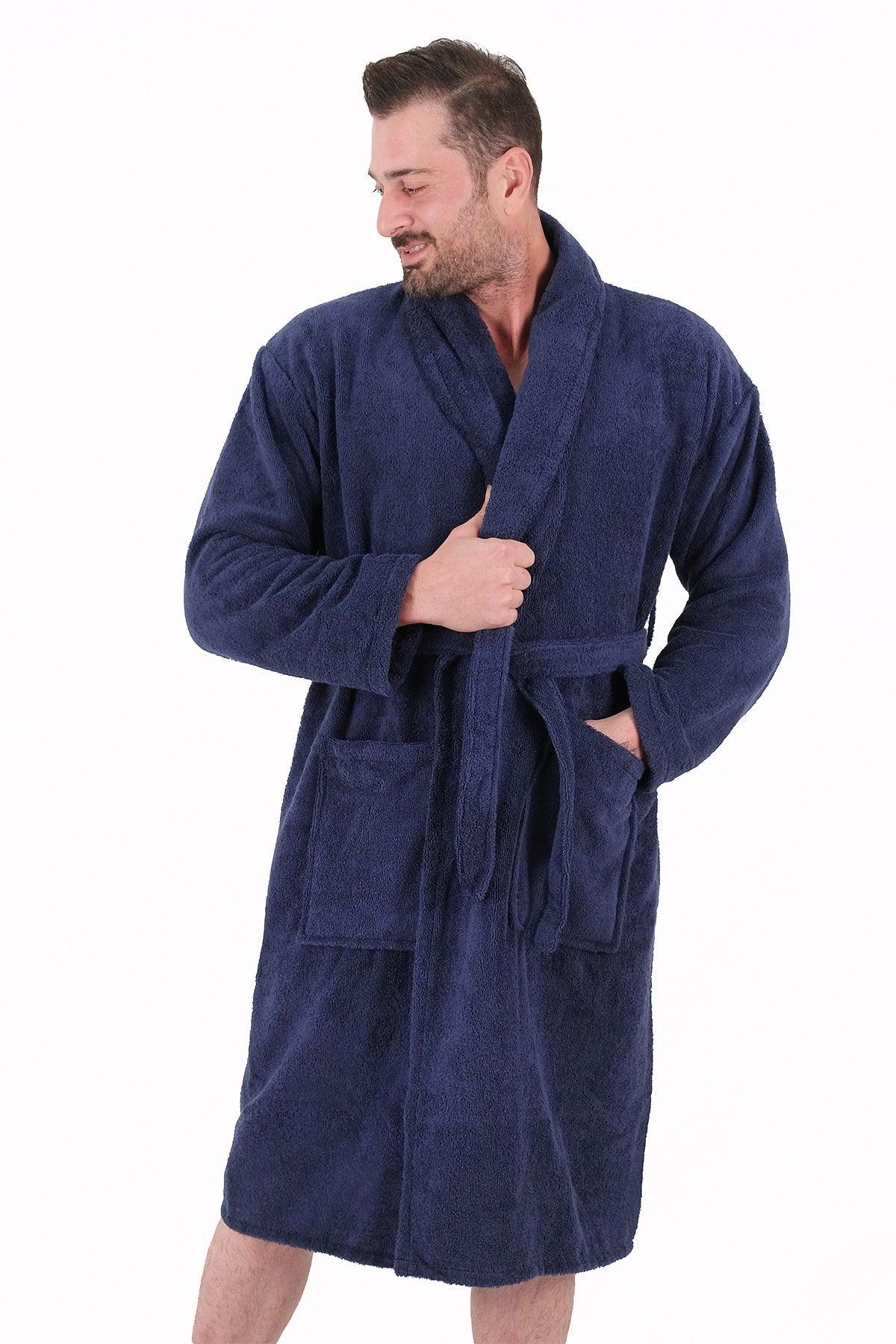 Soft Line 100% Cotton Salyaka Navy Blue Color (L-XL-2XL-3XL-4XL) Large / Large Size Bathrobe - Swordslife