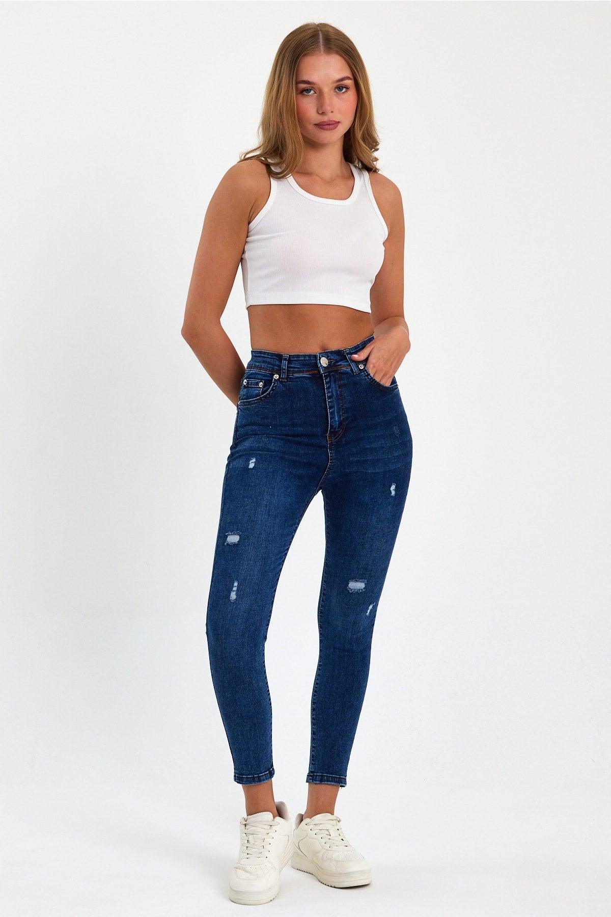 Sandy Laser Detail Blue High Waist Slimming Skinny Jean - Swordslife