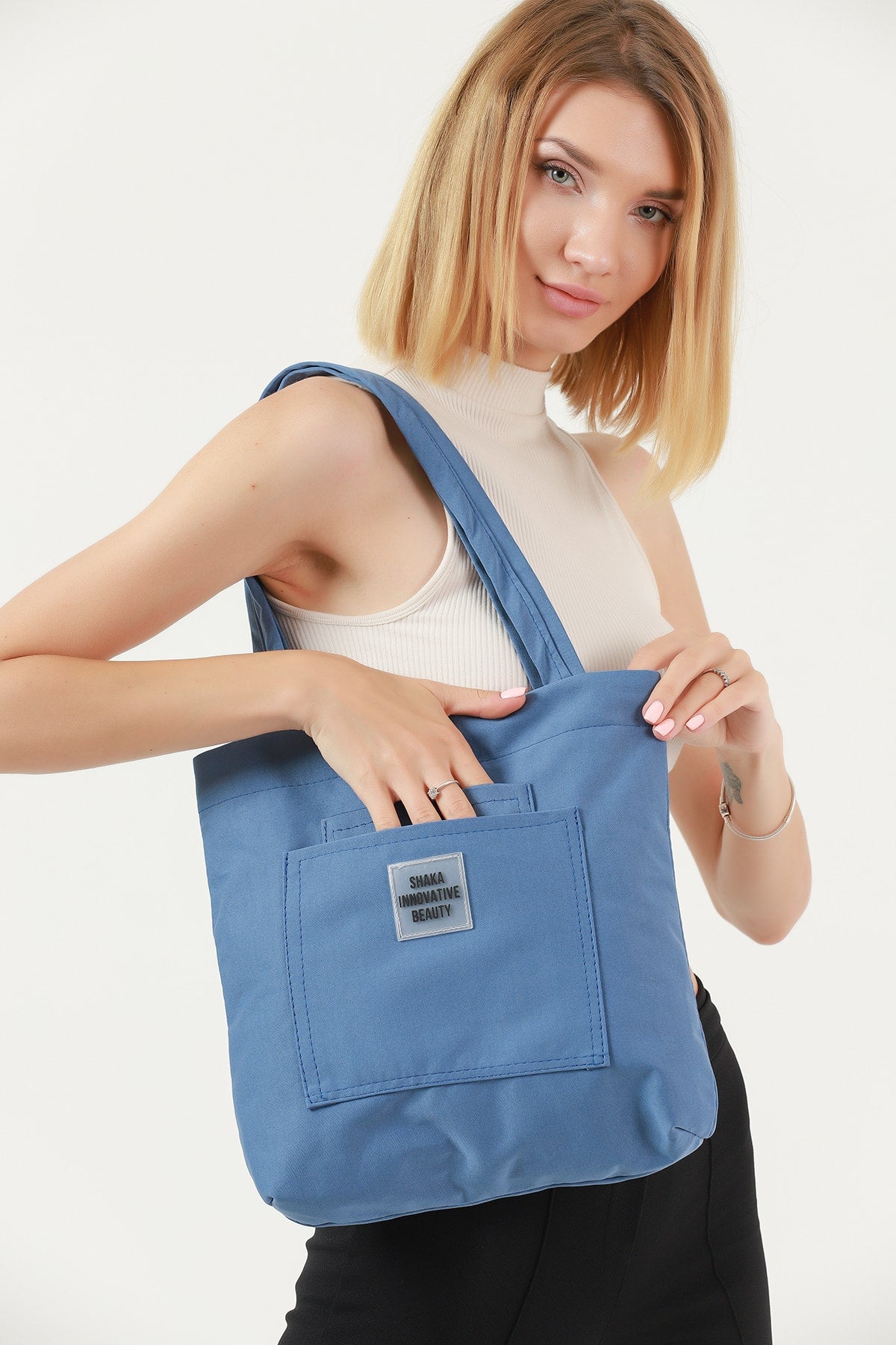 Indigo U22 3-Compartment Front 2 Pocket Detailed Canvas Fabric Daily Women's Arm And Shoulder Bag B:35 E:35