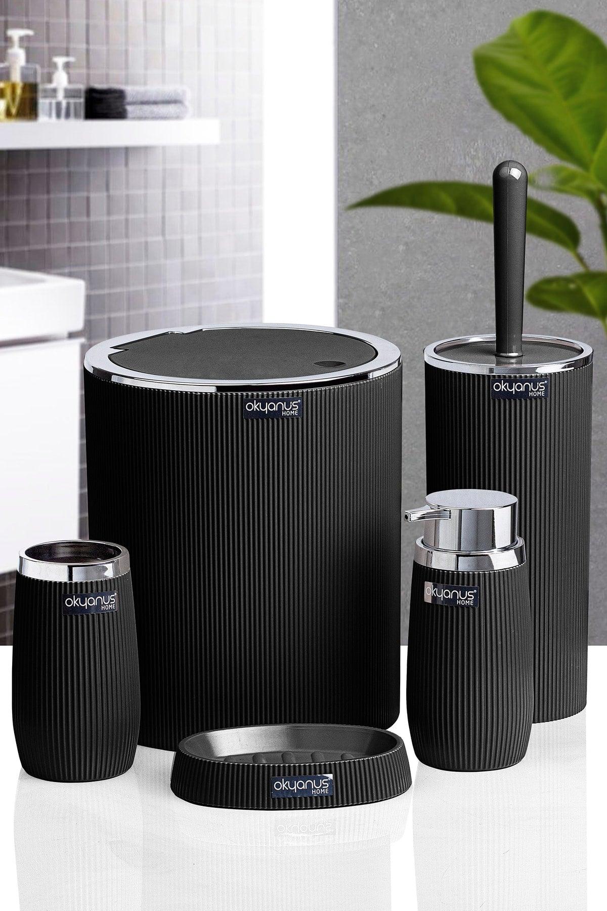 Black Chrome Striped Round 5 Piece Bathroom Set - Swordslife