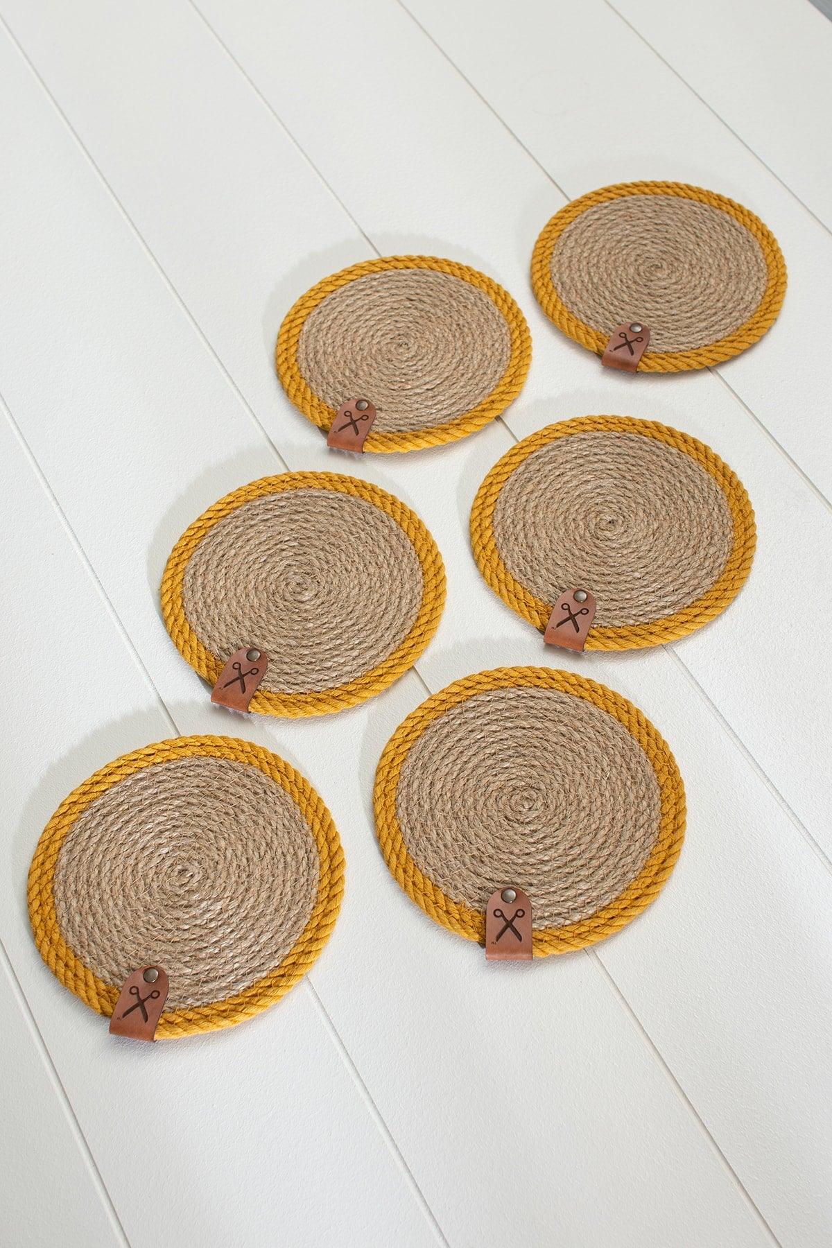 6 Pieces 13cm Mustard Striped Jute Straw Weave Coaster Presentation Set - Swordslife