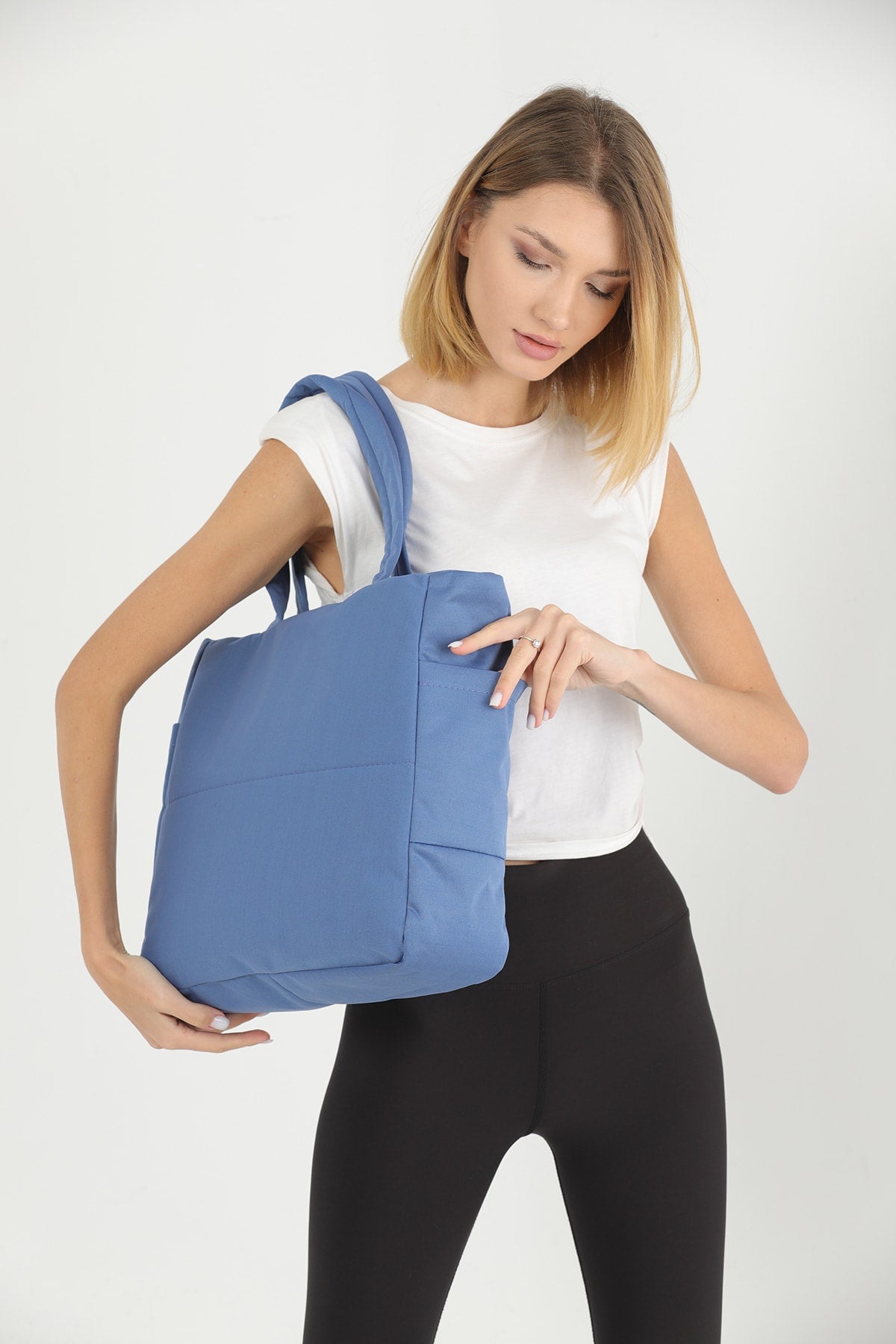 Indigo U25 3 Compartment Side 2 Pocket Detailed Zipper Closure Canvas Women's Arm And Shoulder Bag B:35 E:35