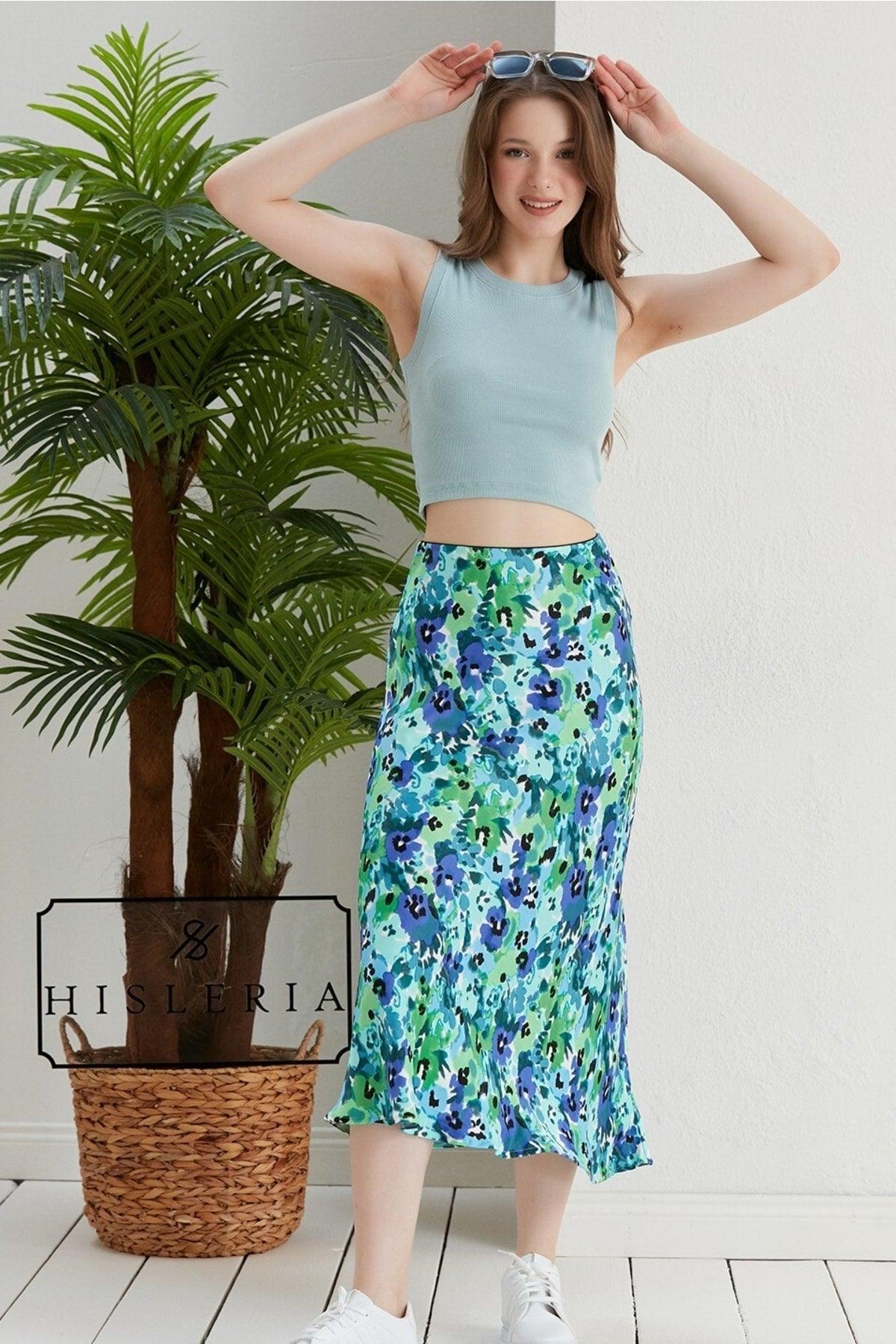 Floral Pattern Viscose Satin Midi Length Skirt -blue Flower - Swordslife