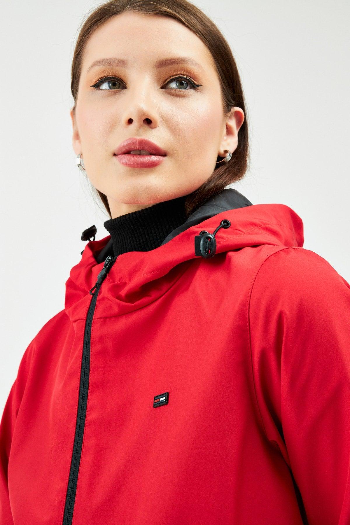 Women's Red Inner Lined Waterproof Hooded Raincoat with Pocket - Windbreaker Jacket - Swordslife