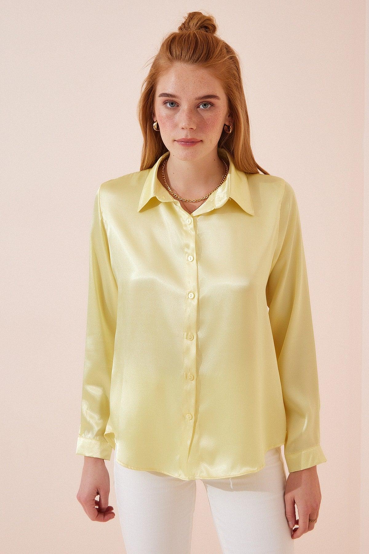 Women's Yellow Lightly Flowy Satin Shirt DD00990 - Swordslife