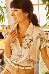 Women's Beige Floral Bat Viscose Shirt GML-19000613 - Swordslife