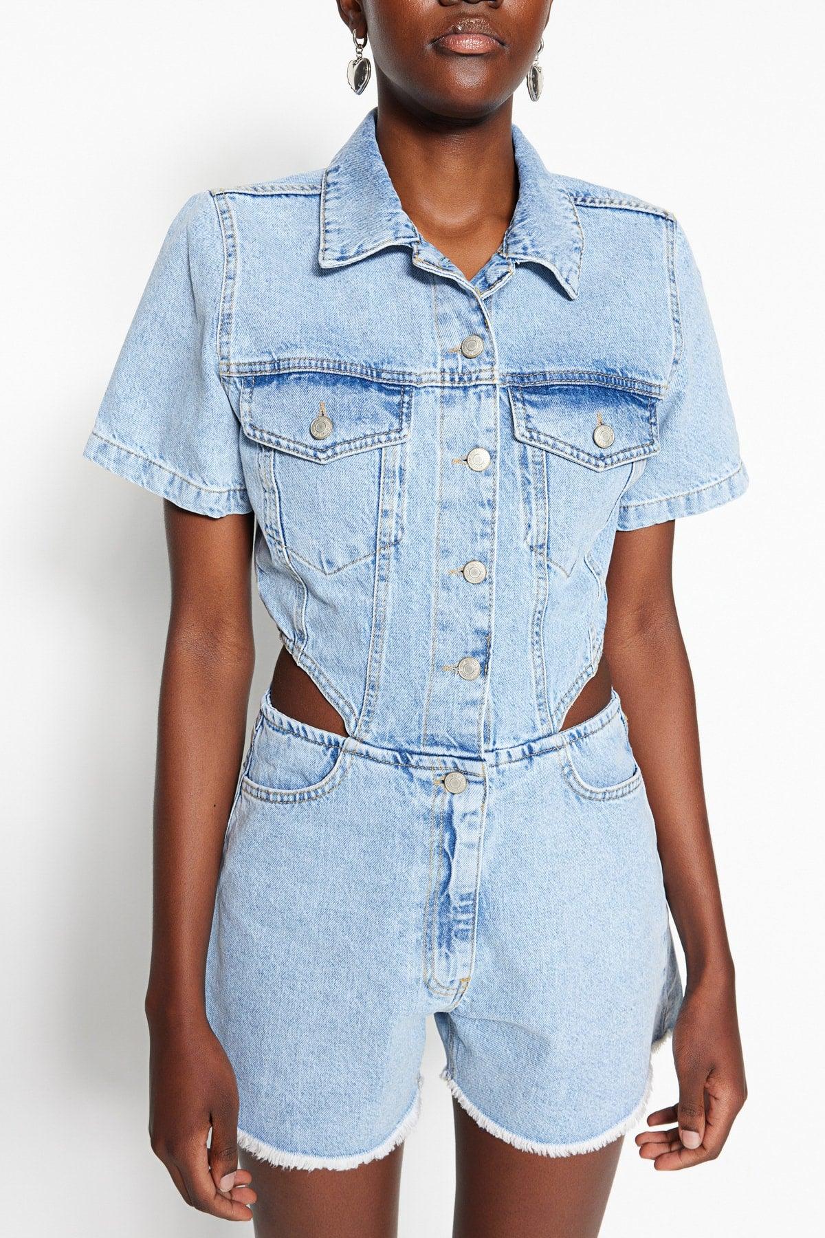 Light Blue Cut-Out Detailed Denim Overalls TWOSS23TU00046 - Swordslife