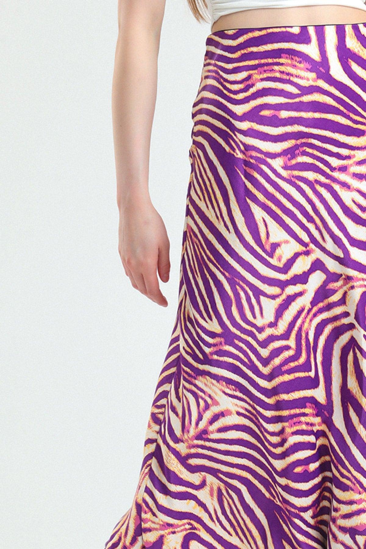 Zebra Pattern Viscose Satin Midi Skirt - Purple - Swordslife