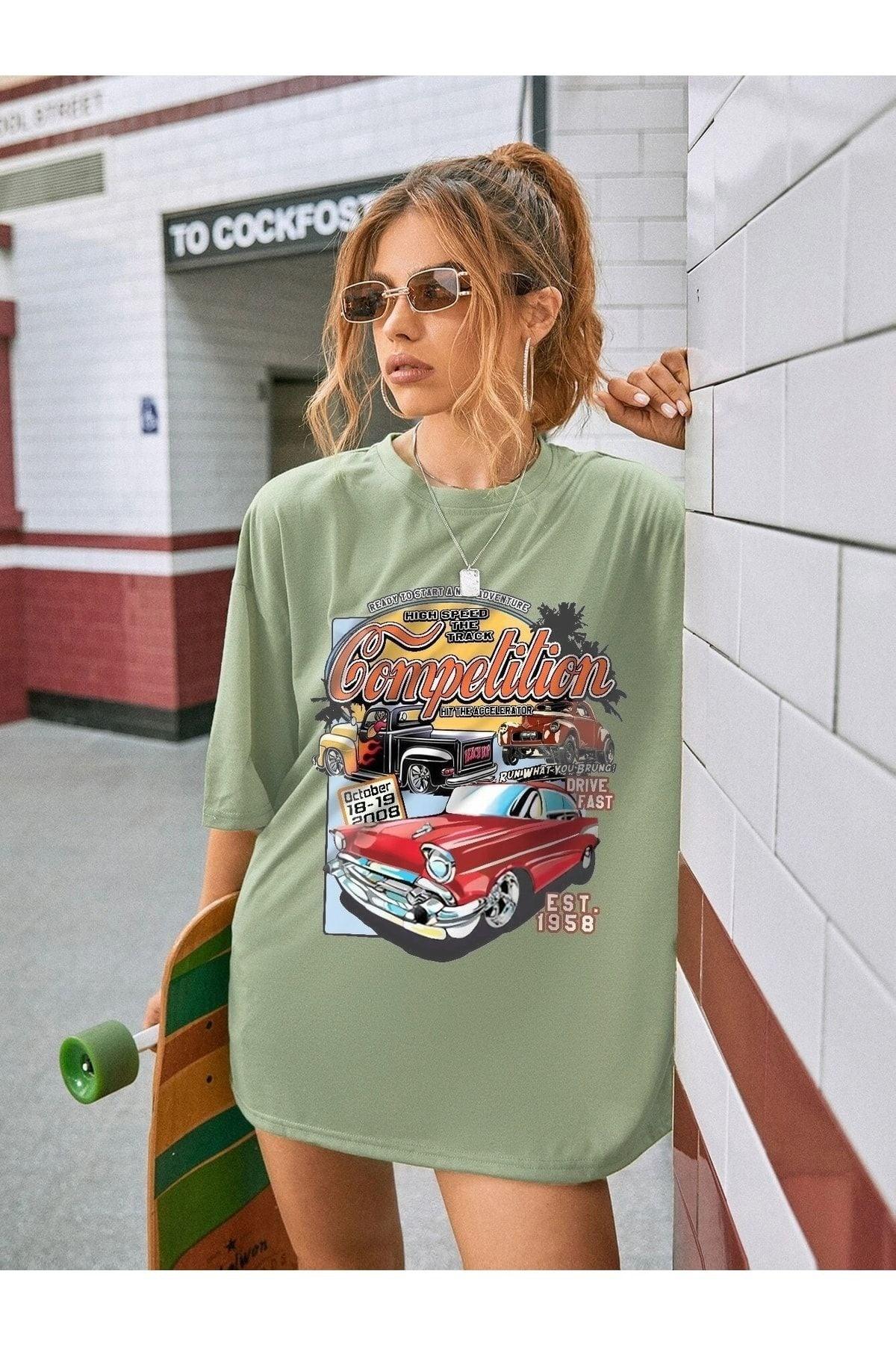 Women's Chalk Green Compeltition Printed Oversize T-shirt - Swordslife