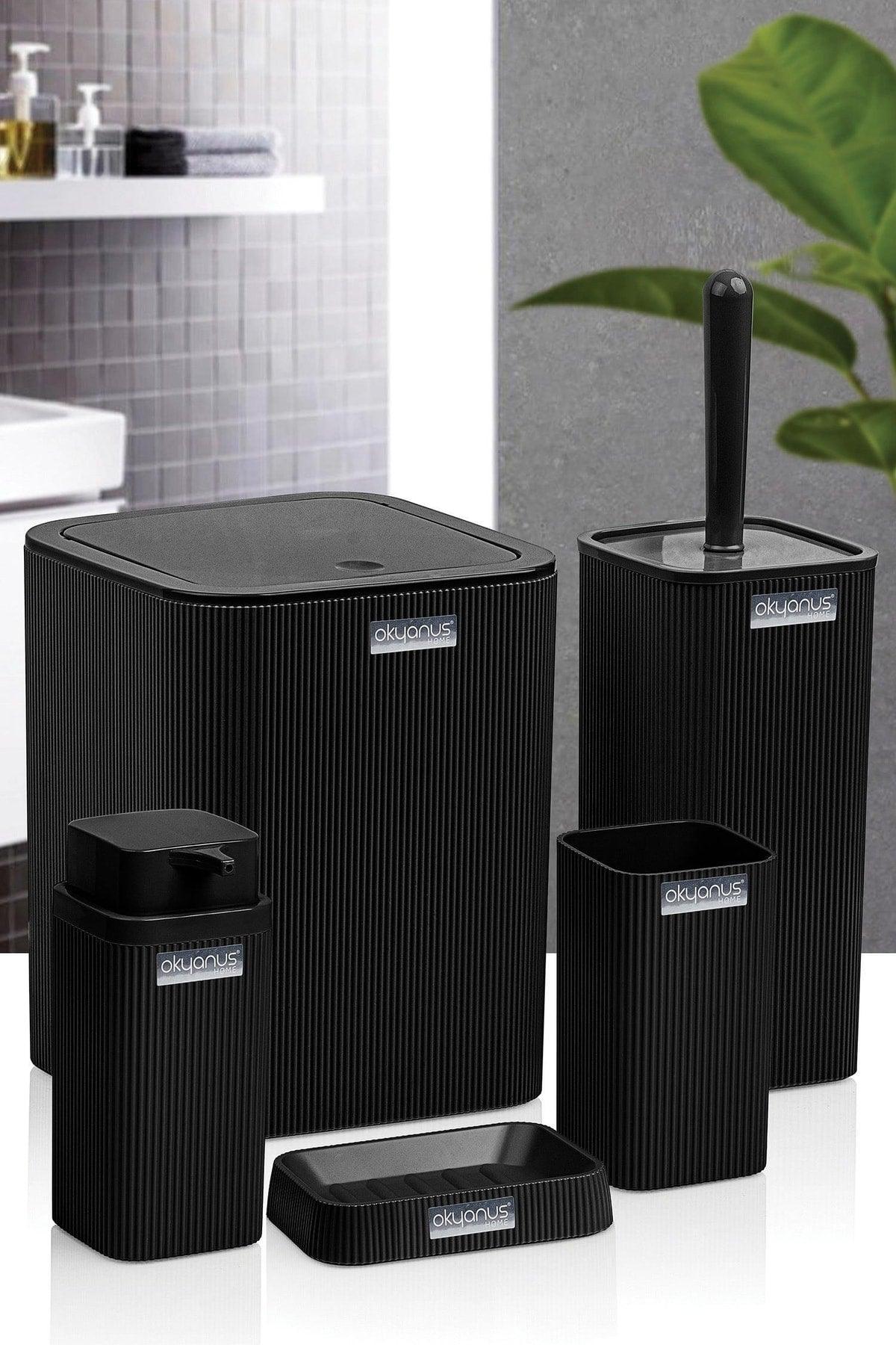 Stella Black Striped Square 5 Piece Bathroom Set - Swordslife