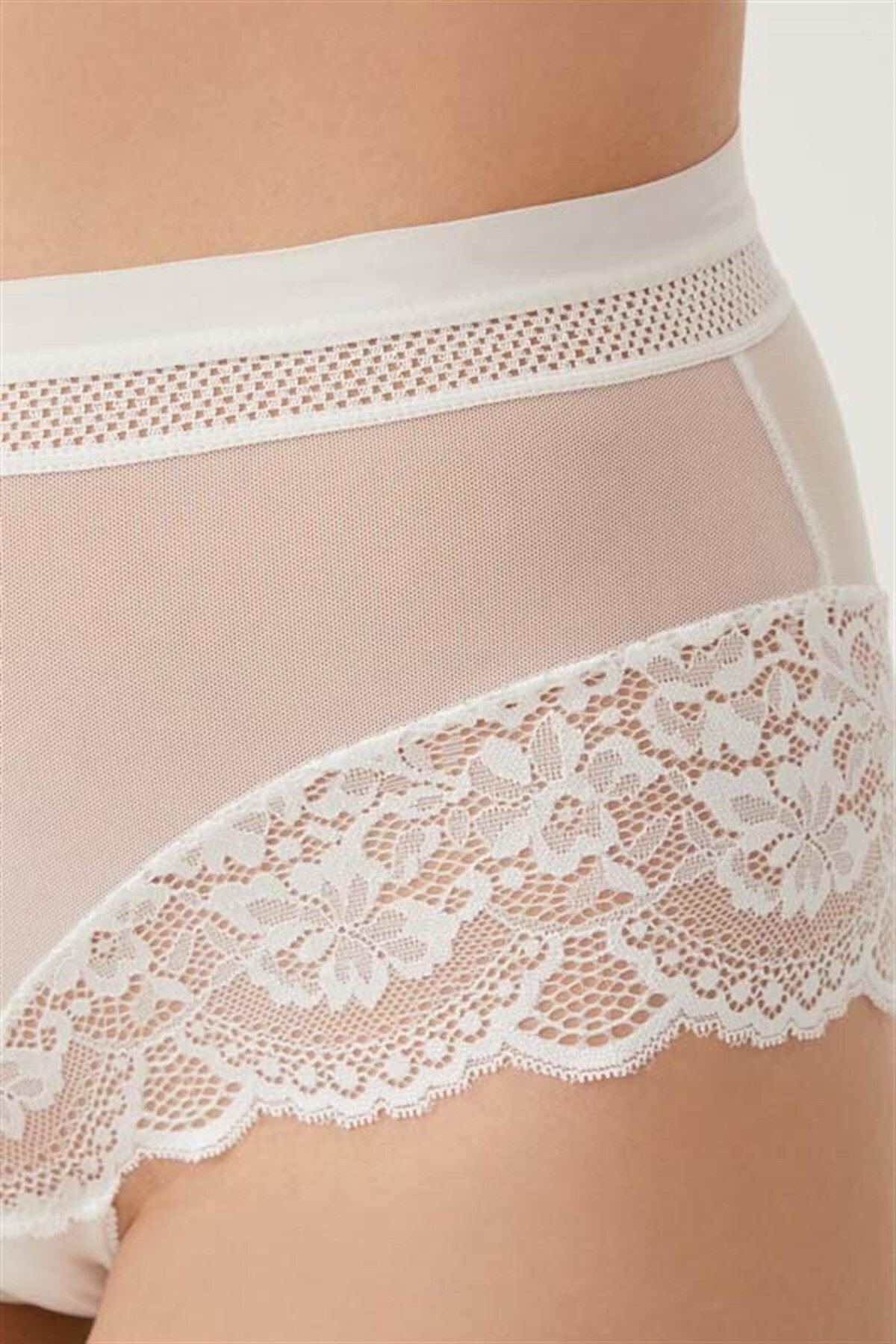Cream Lace Detailed Transparent Plus Size Bikini Panties - Swordslife