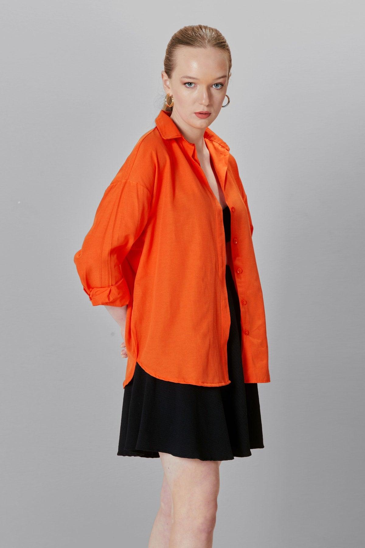 Women's Orange Oversize Long Basic Shirt - Swordslife