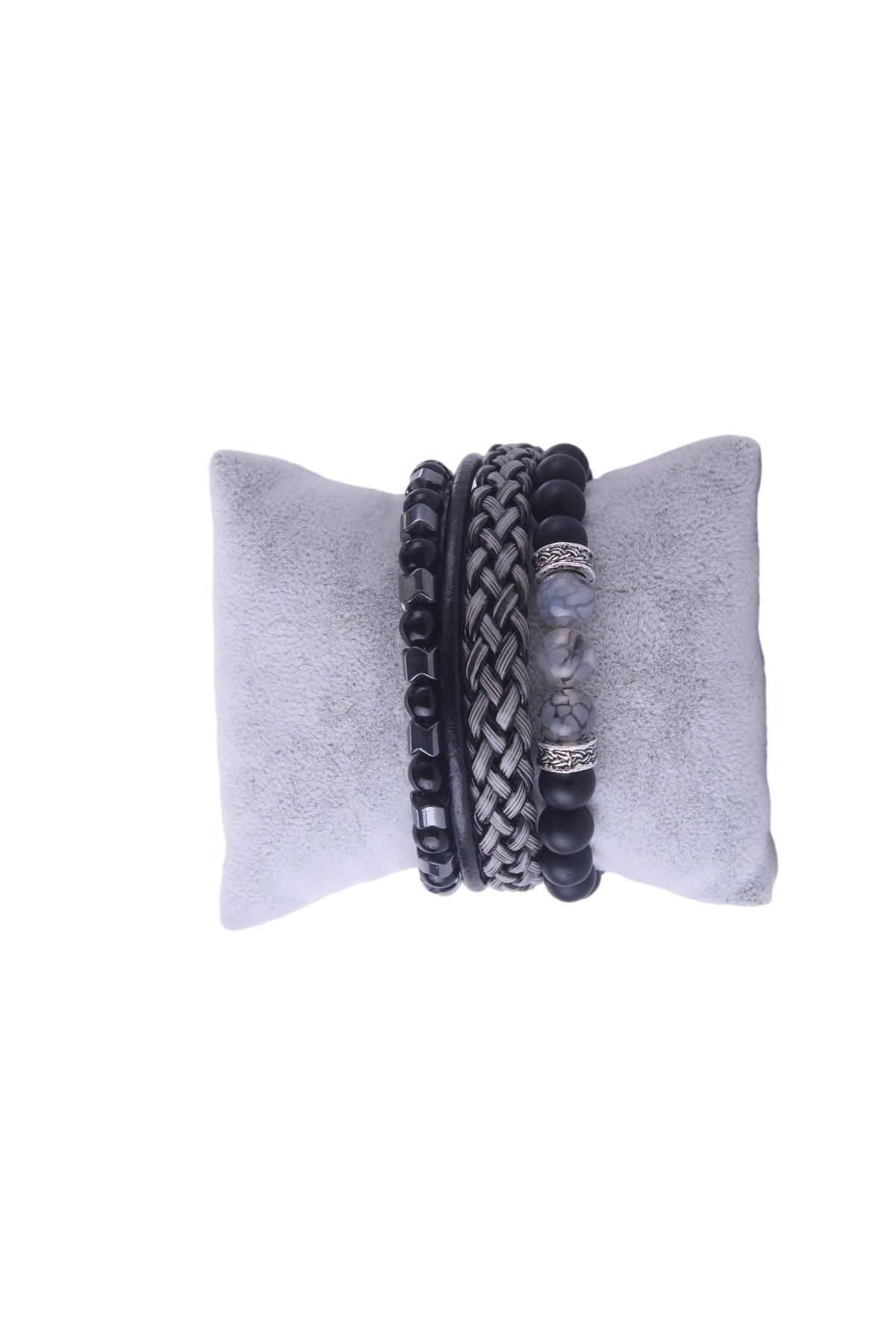 Pcs Bracelet Set Grey-agate, Gray Leather Hematitstone Bracelet - Swordslife