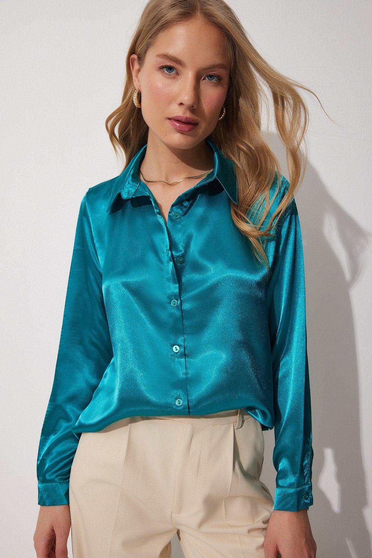 Women's Dark Blue Lightly Flowy Satin Shirt DD00990 - Swordslife