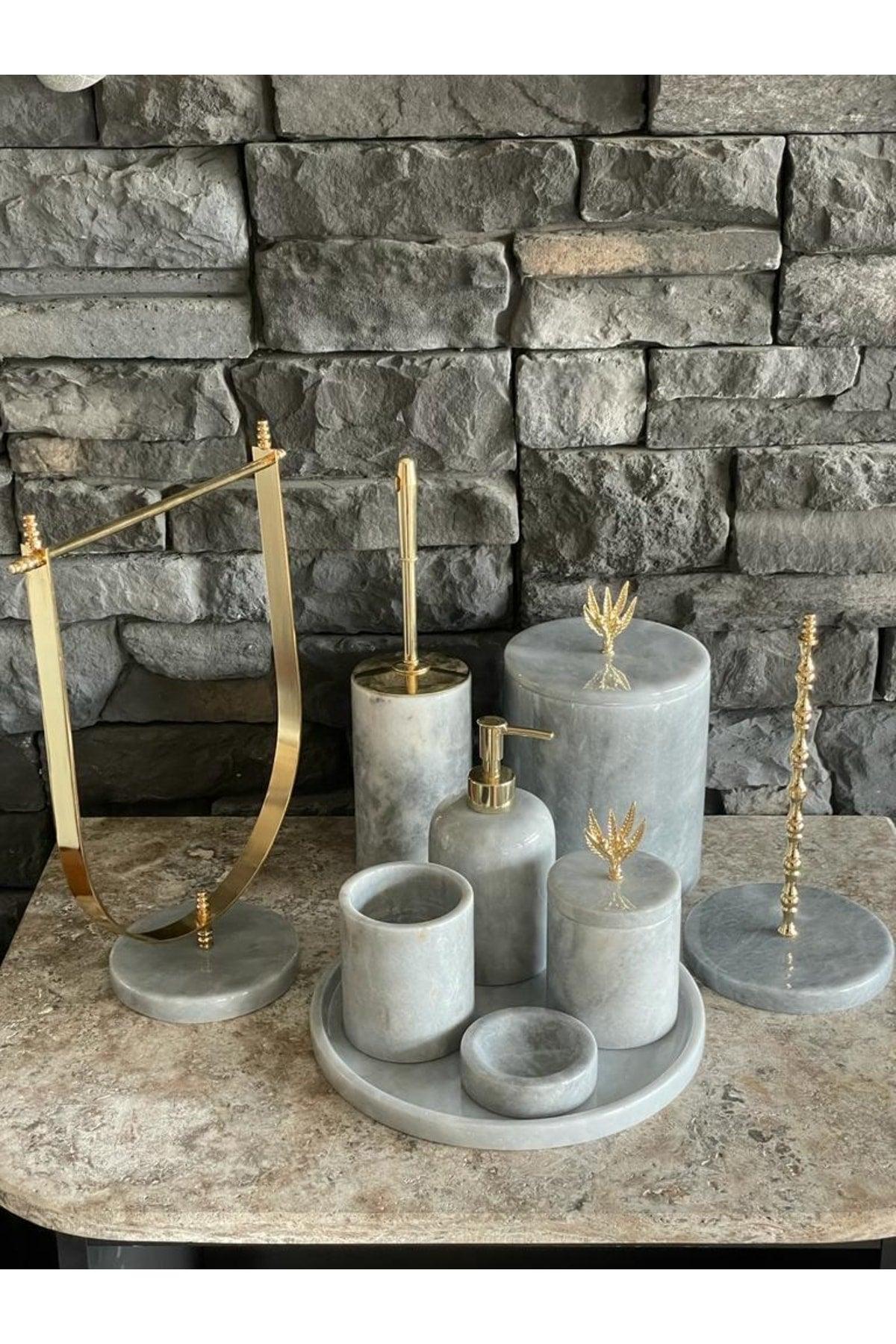 Gray Natural Marble Gold Olive Branch Accessory 9 Pcs Bathroom Set - Swordslife