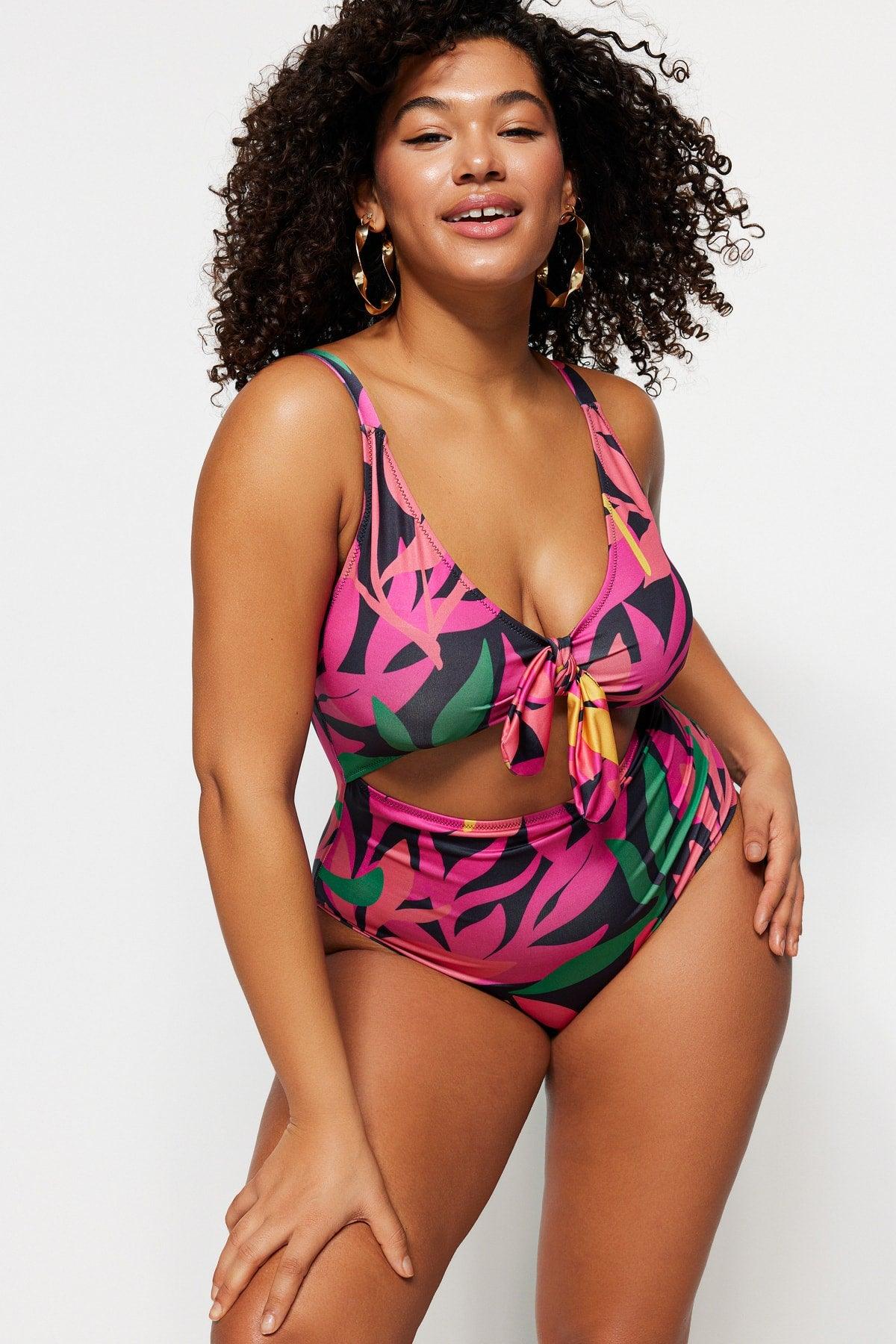 Black Tropical Patterned Tie Detailed Swimsuit TBBSS23AM00008 - Swordslife