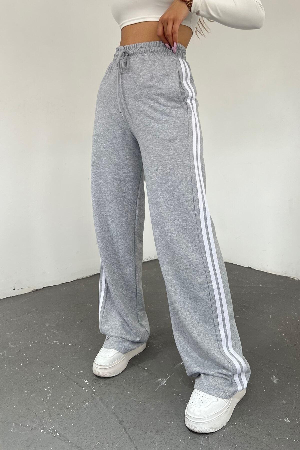 Women's Gray High Waist Striped Wide Leg Seasonal Sweatpants - Swordslife