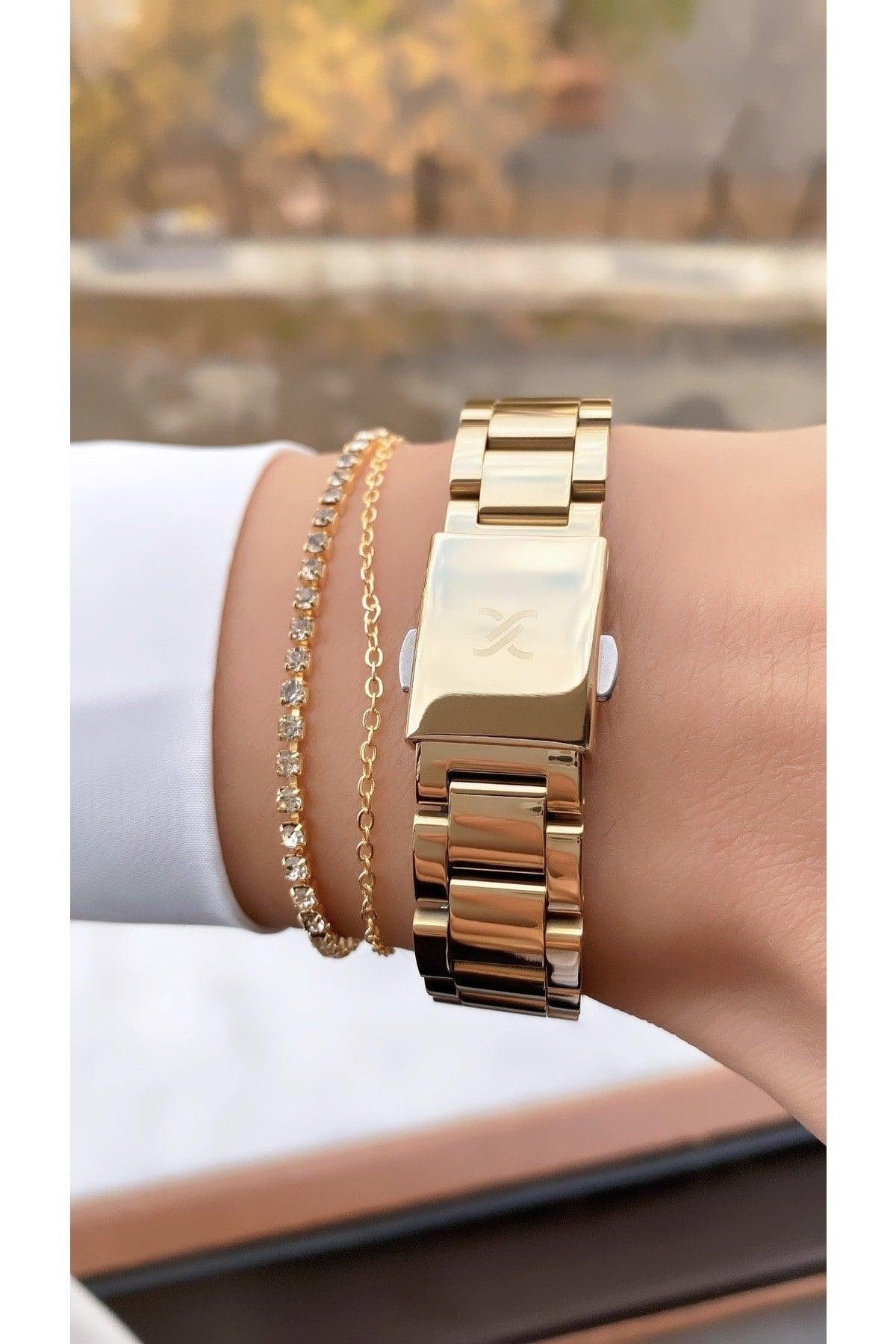 Women's Gold Color Stone Inlaid Steel Band + Gift Bracelet Wristwatch - Swordslife