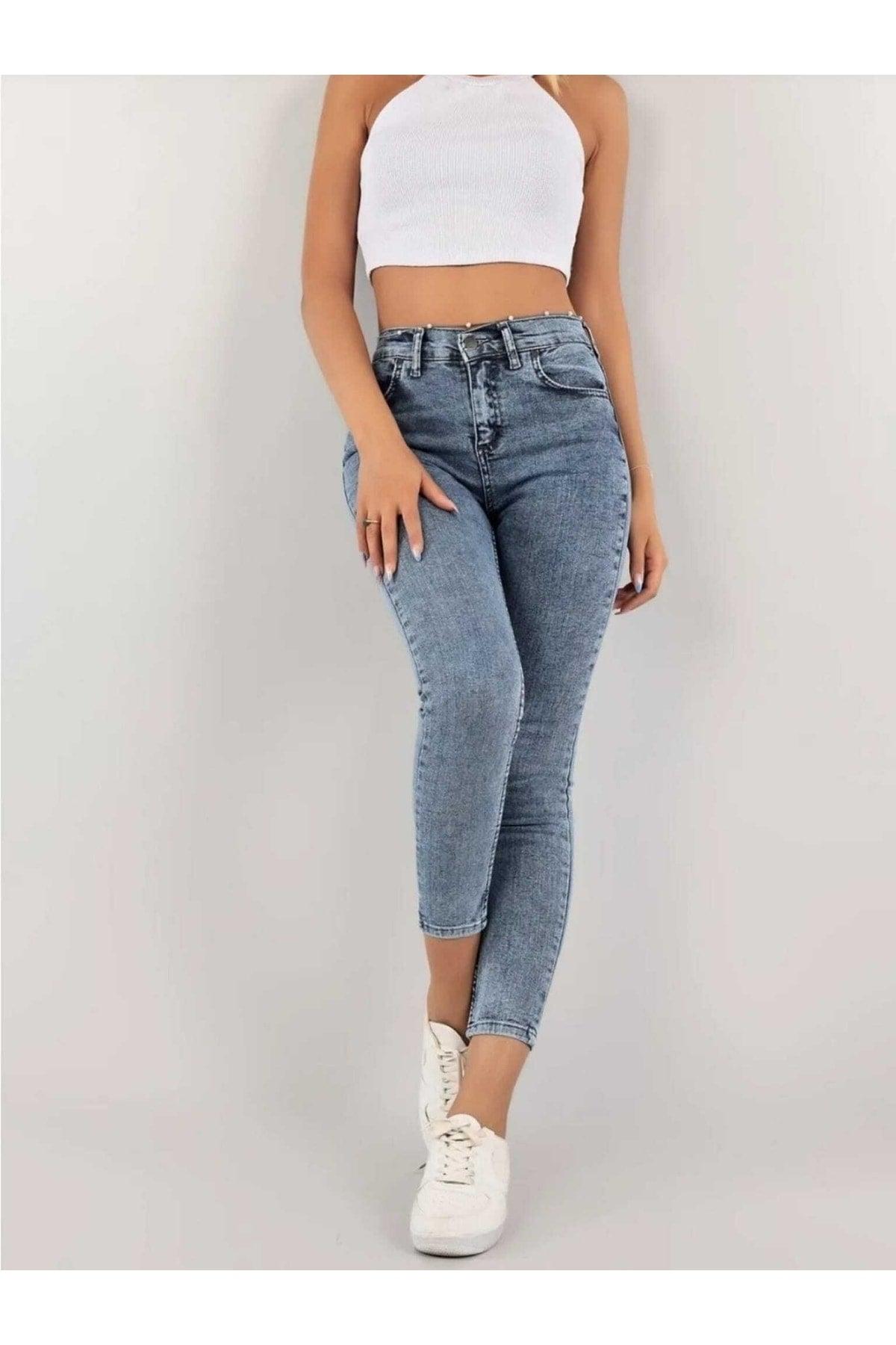 High Waist Snow Wash Light Blue Skinny Jeans Trousers - Swordslife