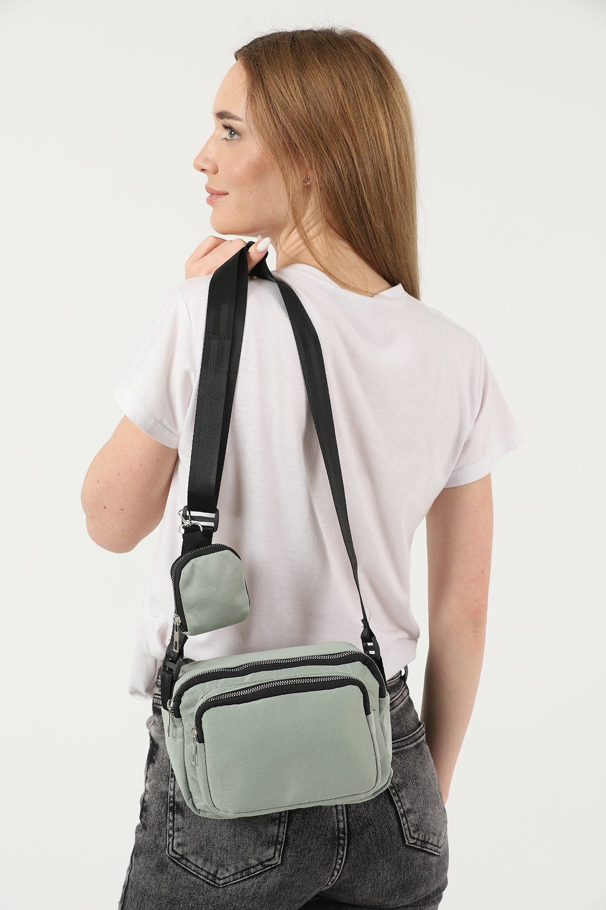 Green U4 Canvas Women's Cross Shoulder Bag With 2 Compartments And Wallet With Adjustable Strap B:17 E:22 G:12