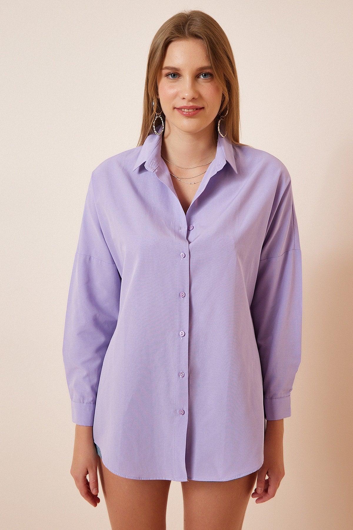 Women's Lilac Oversize Long Basic Shirt DD00842 - Swordslife