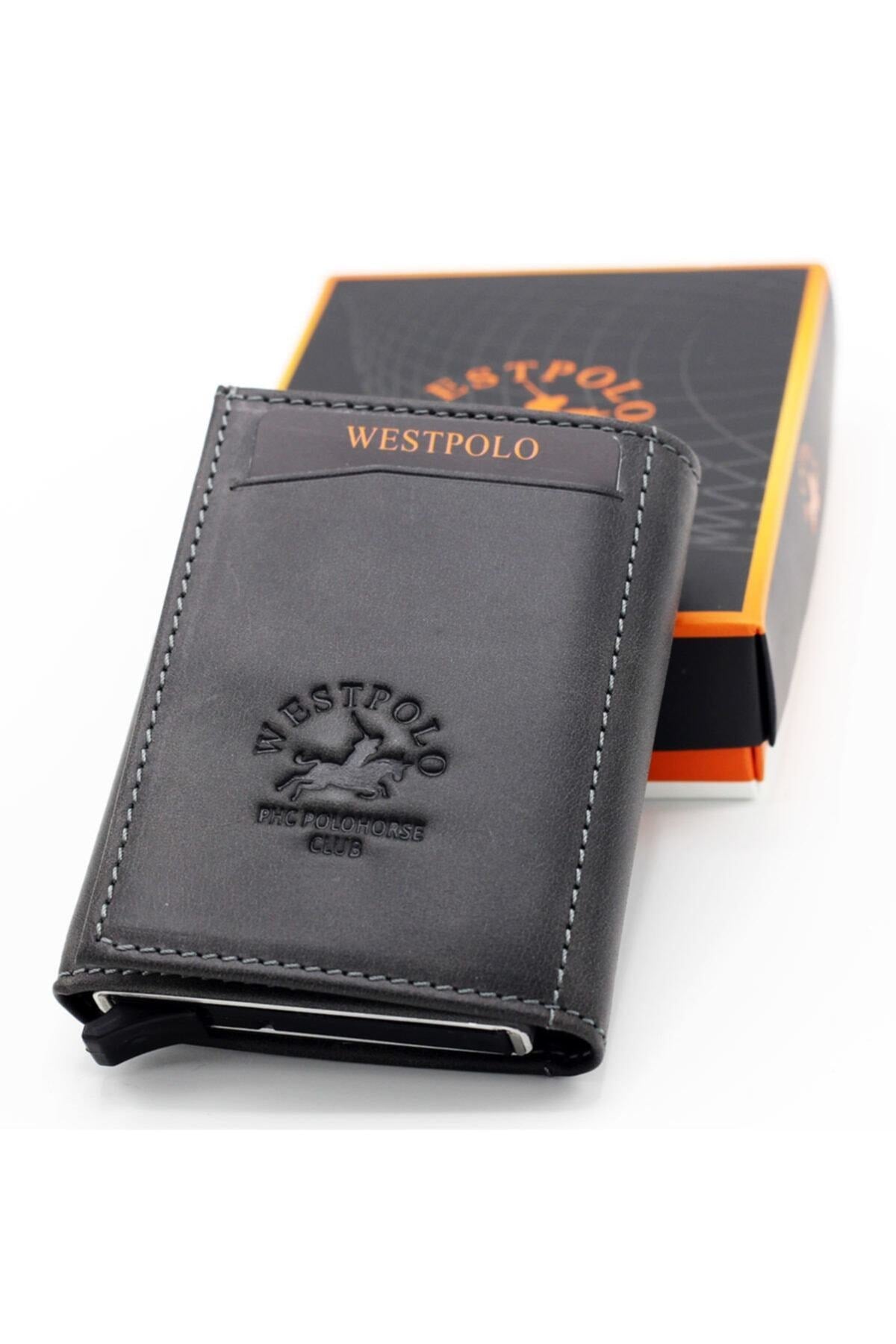 Men's Gray Genuine Leather Mechanism Wallet Card Holder