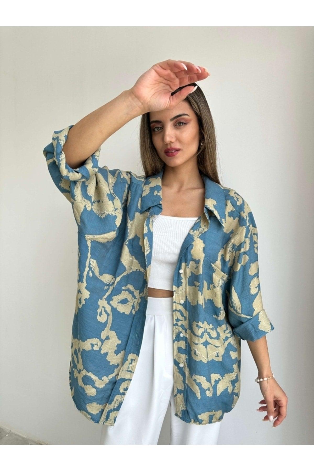 Petrol Blue Patterned Off Shoulder Oversize Shirt - Swordslife