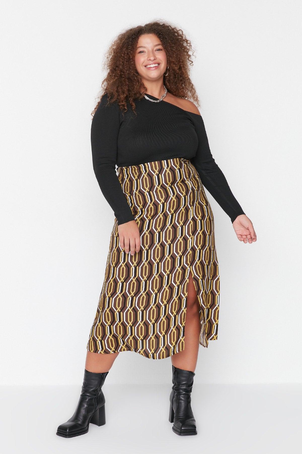 Brown Retro Patterned Slit Viscose Woven Skirt TBBAW23AZ00032 - Swordslife