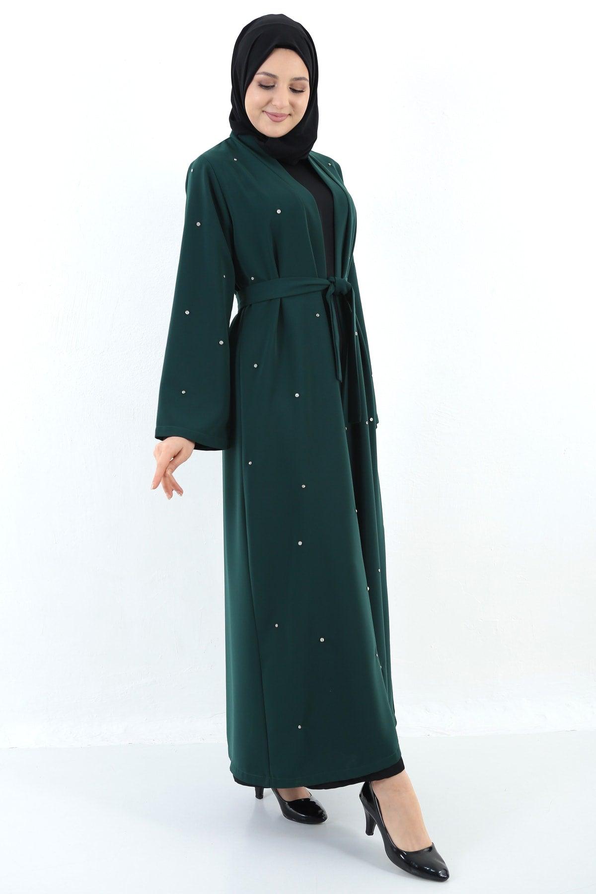 Women's Emerald Green Stone Detailed Belted Abaya - Swordslife