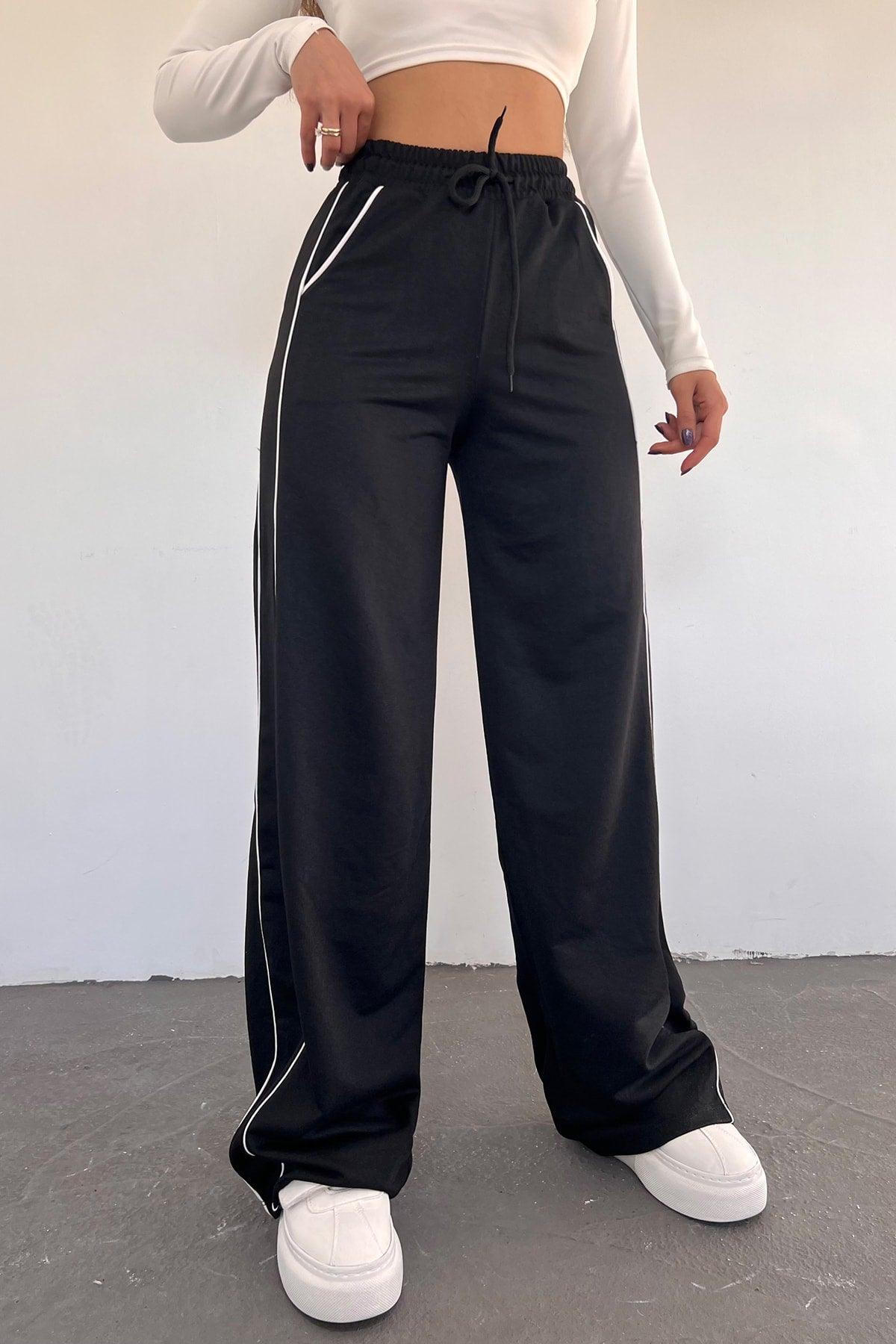 Women's Black Wide Leg Two-Thread Elastic Waist Sweatpants - Swordslife