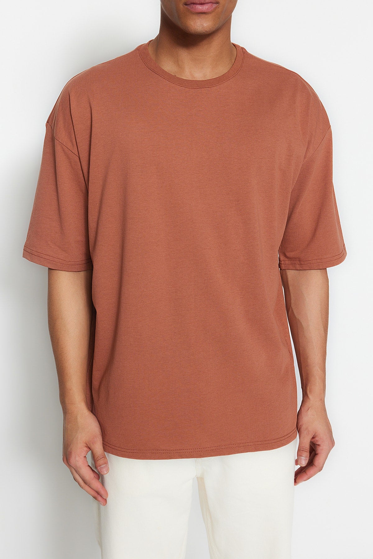 Brown Men's Basic Crew Neck Oversize Short Sleeve T-Shirt