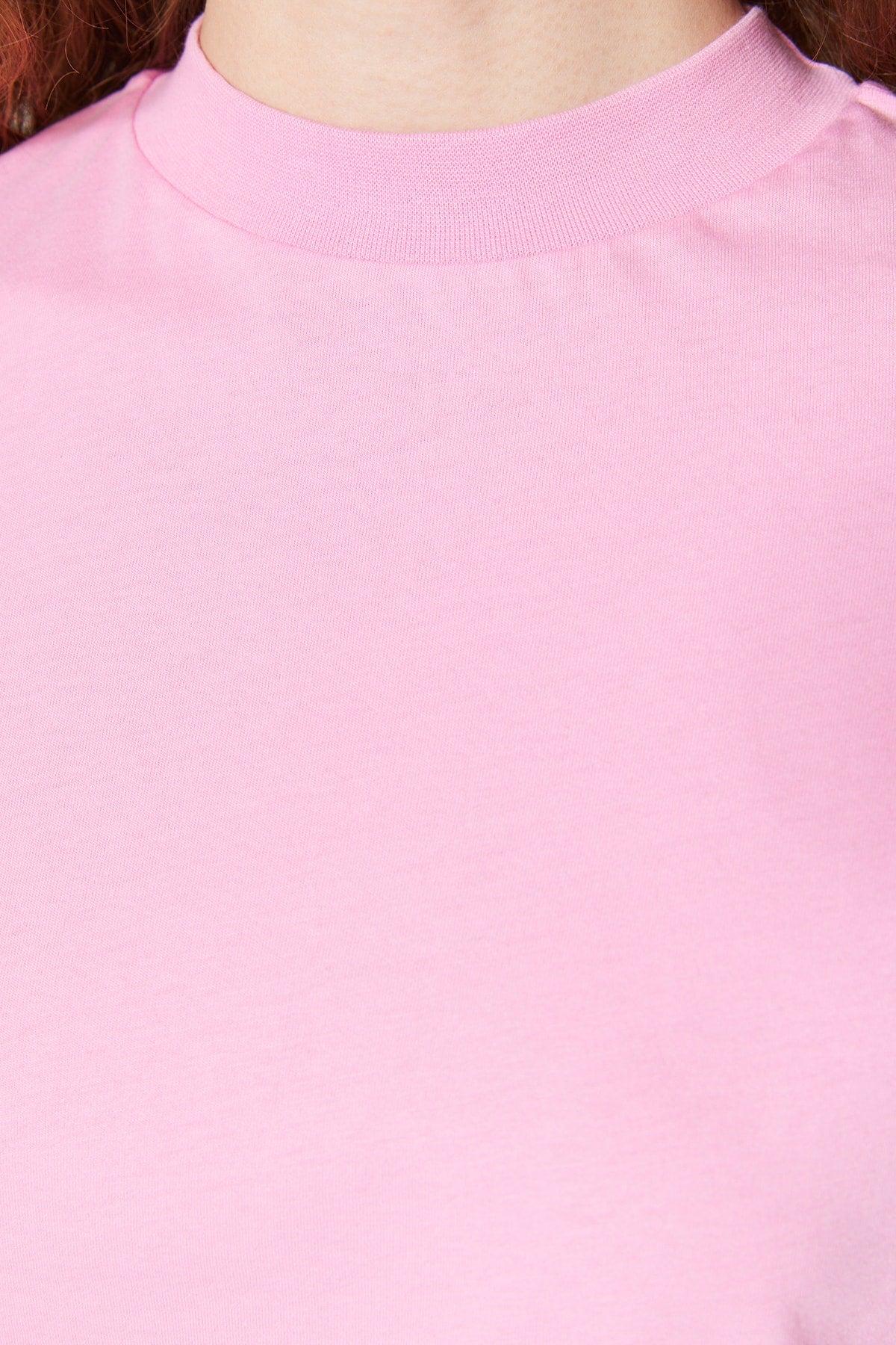 Pink 100% Cotton Basic Stand Up Collar Knitted T-Shirt TWOAW20TS0096 - Swordslife