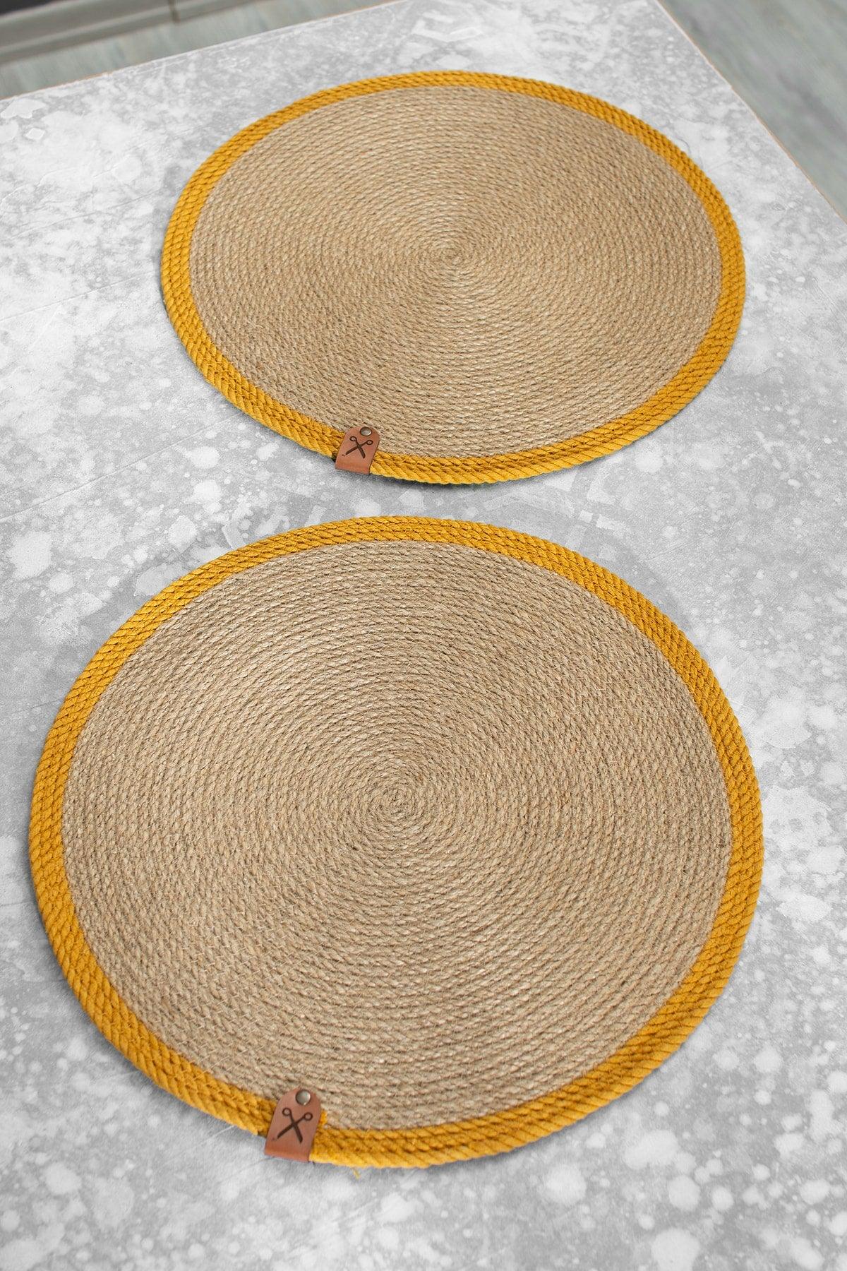 2 Pieces 32cm Round Mustard Striped Placemat Wicker Jute Knitted Base Presentation Set - Swordslife