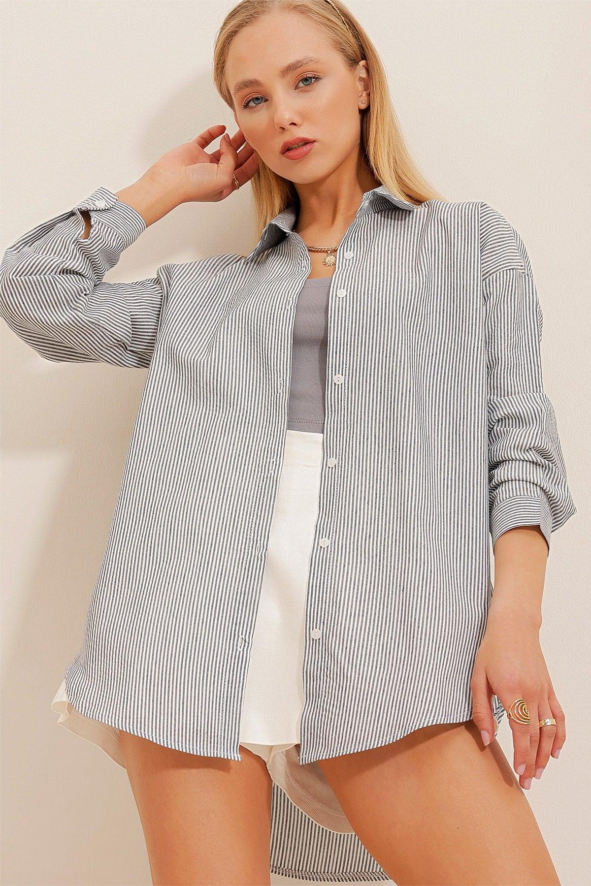 Women's Navy Blue Striped Oversize Shirt ALC-X10232 - Swordslife