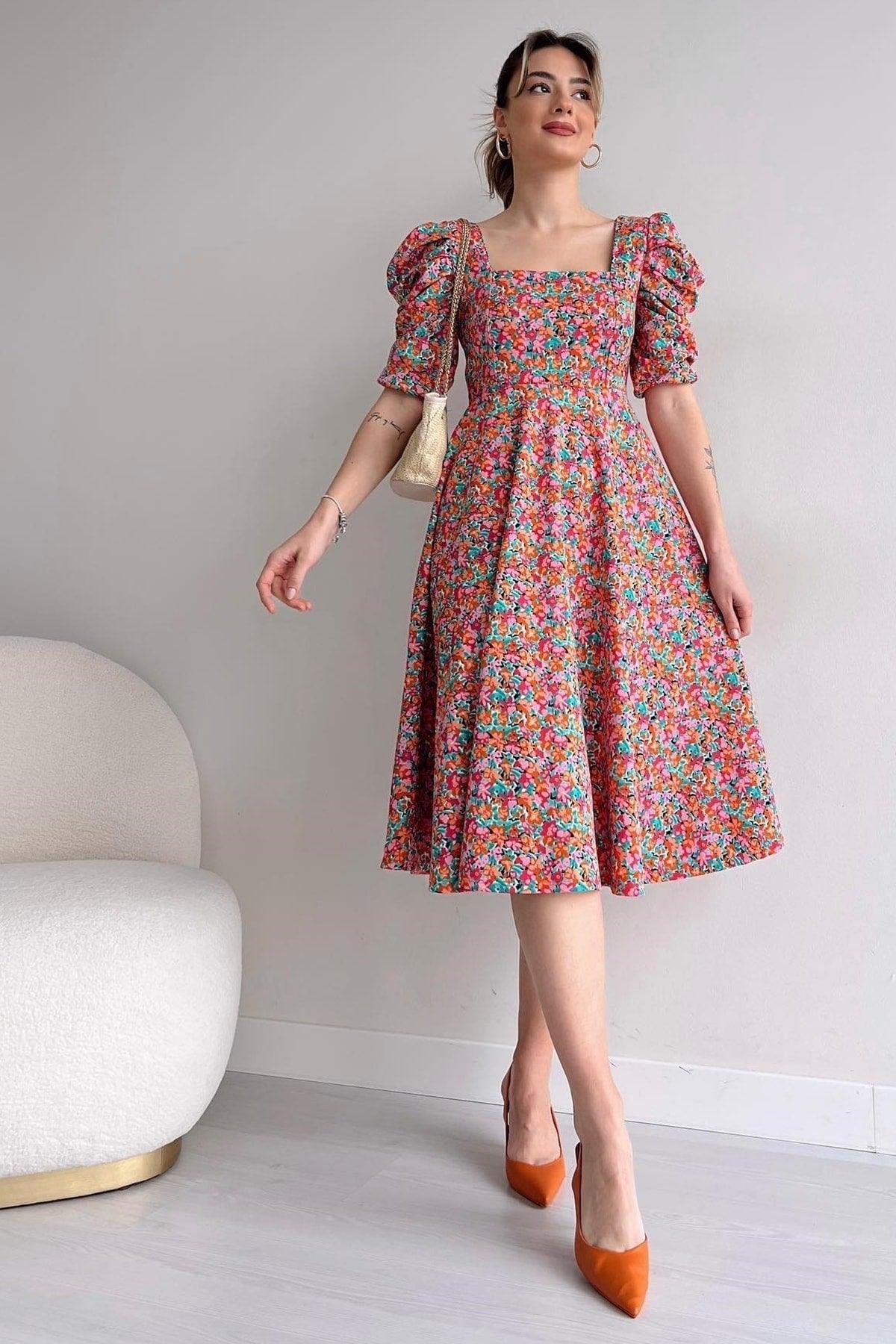 Women's Crepe Fabric Short Sleeve Square Collar Midi Length Floral Printed Summer Dress 080 - Swordslife