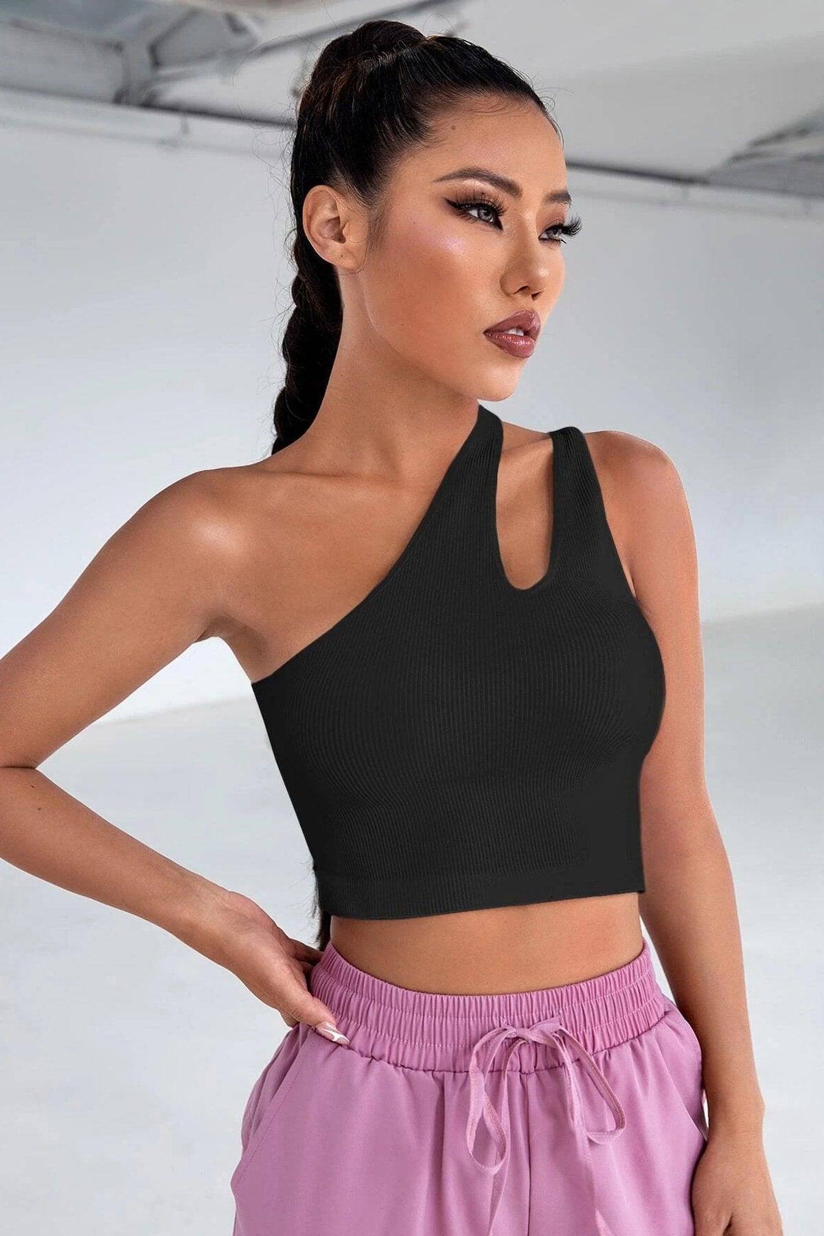 Women's Black One Shoulder Cut Out Detailed Crop Top Blouse - Swordslife