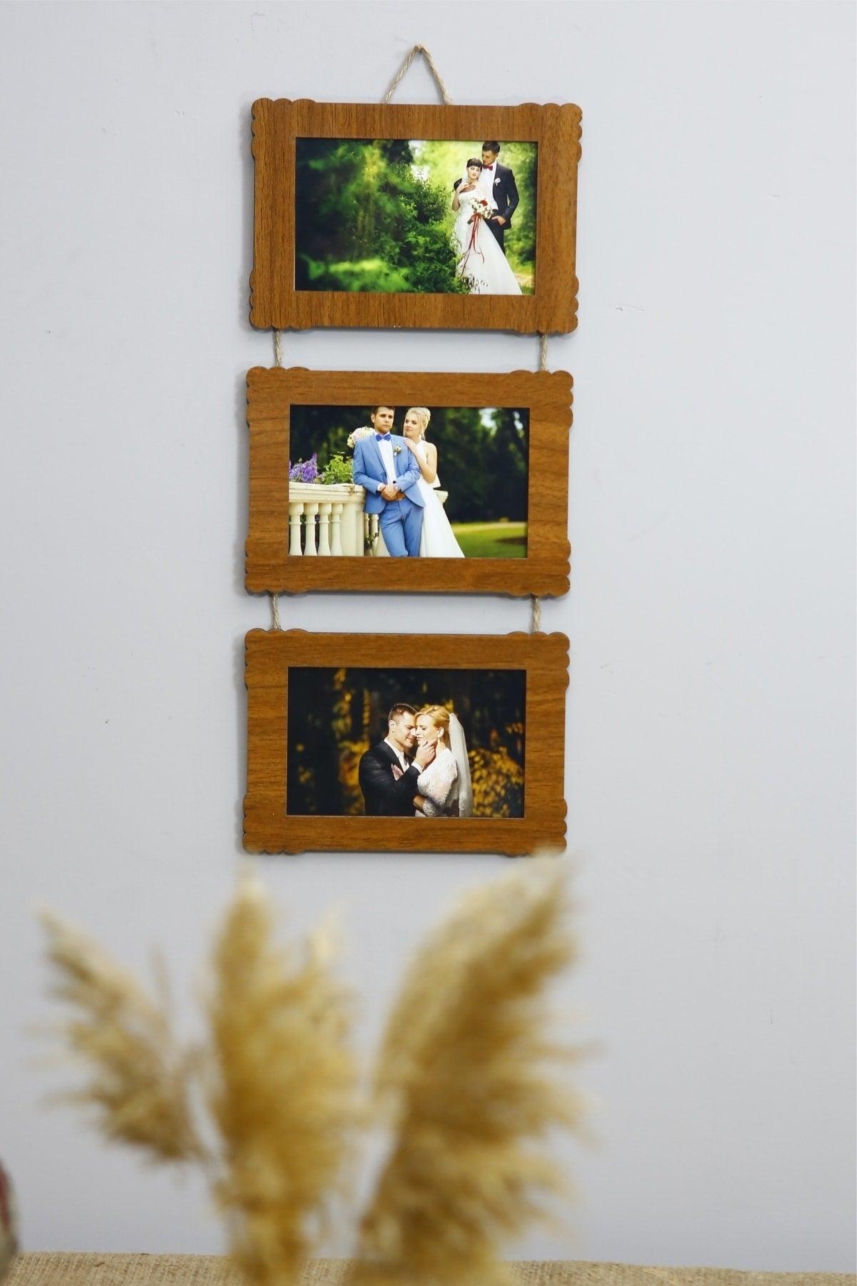 Wooden Triple 10x15 Cm Rope Photo Hanger Horizontal-color Walnut - Swordslife