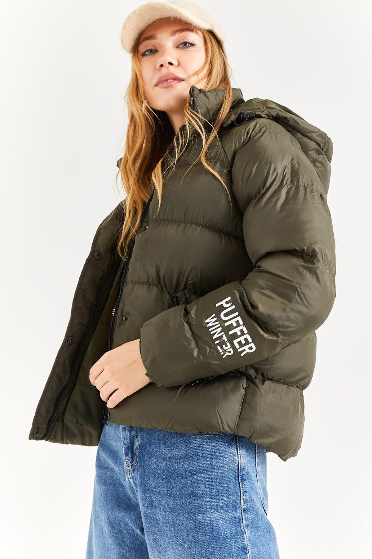 Women's Khaki Hooded Print Detail Down Jacket - Swordslife