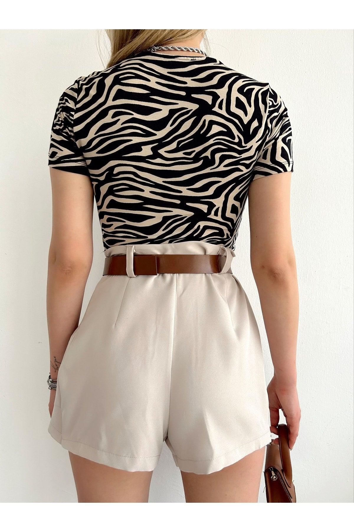 Women's Short Sleeve Square Collar Beige Zebra Pattern Blouse - Swordslife