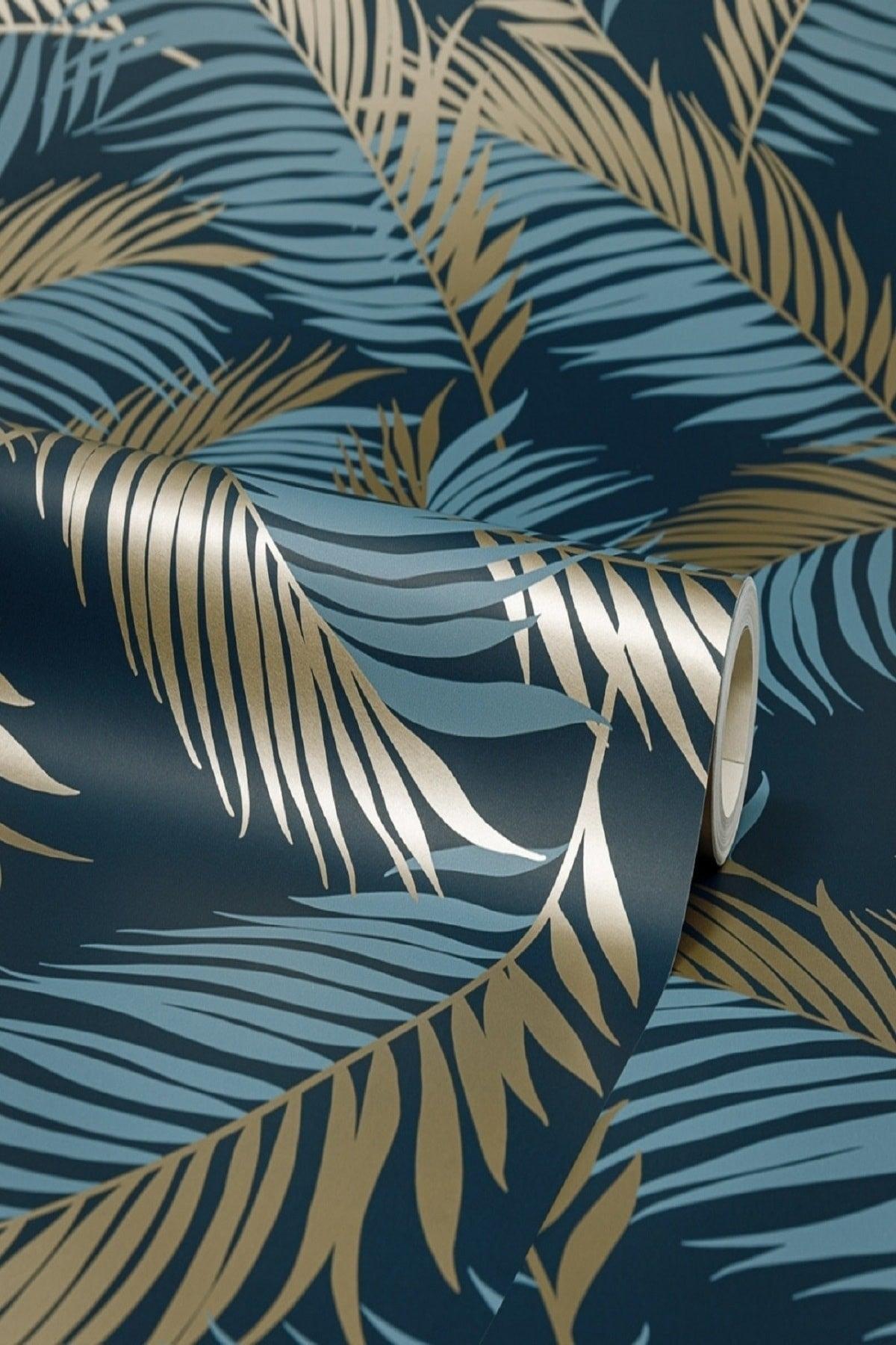 5323 Palm Tropical Flower Gold Blue Parlement Navy Blue Wallpaper 5,30 M² - Swordslife