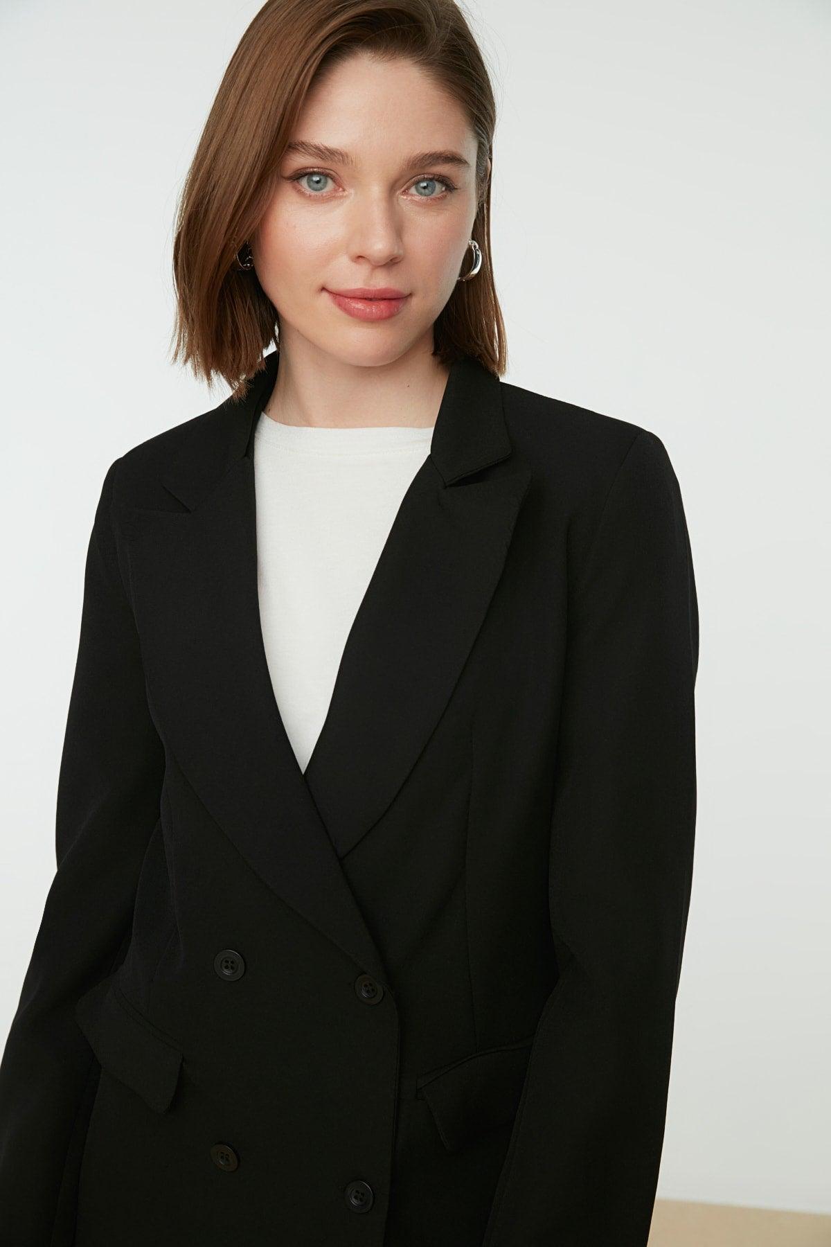 Black Double Button Pocket Detailed Lined Blazer Woven Jacket TCTAW22CK0007 - Swordslife