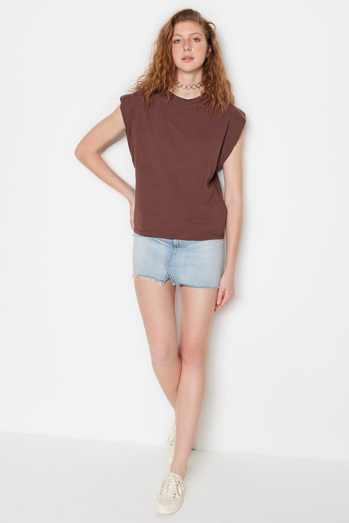 Brown 100% Cotton Wadding Look Basic Crew Neck Knitted T-Shirt TWOSS20TS0021 - Swordslife