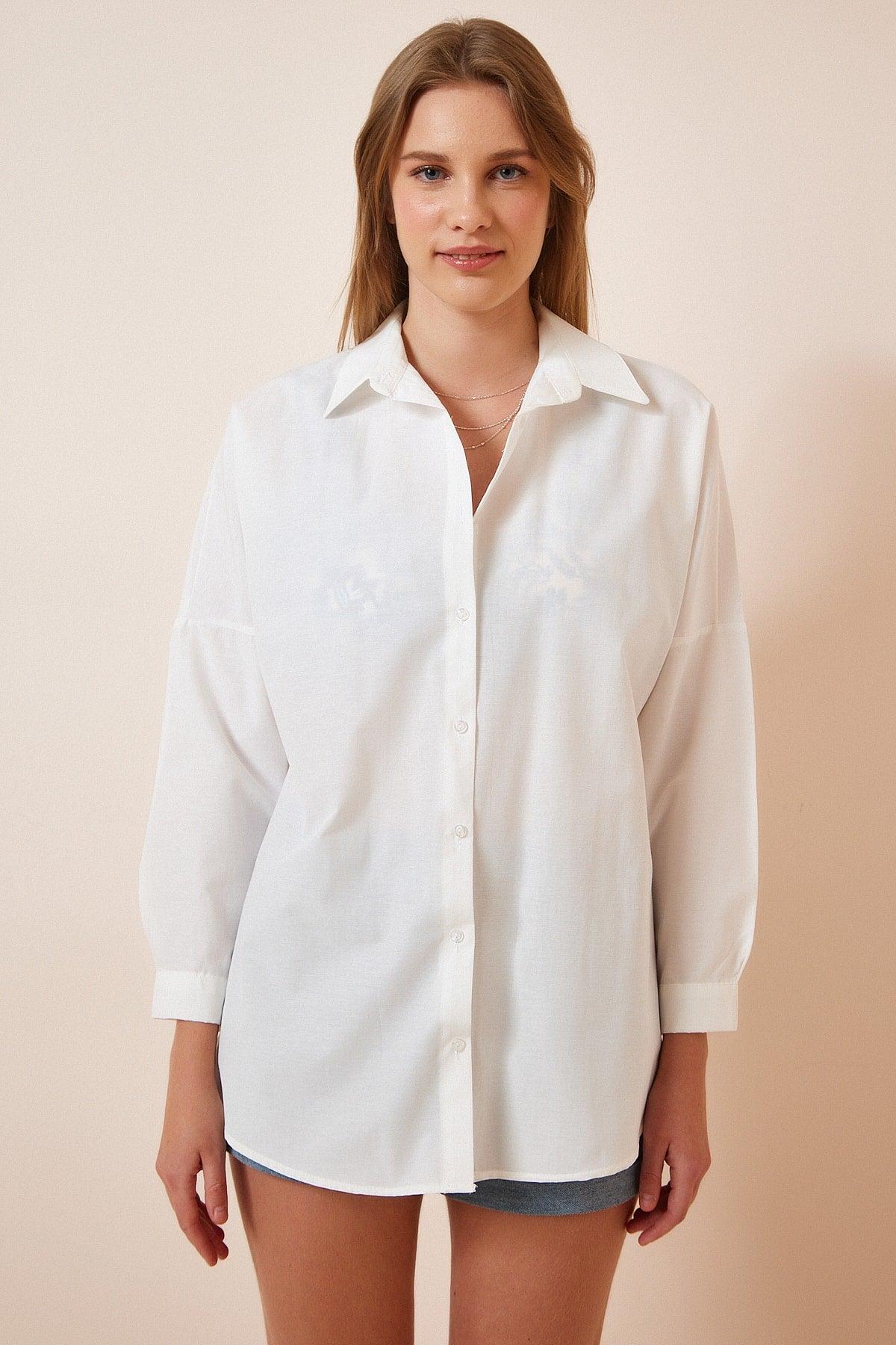 Women's Ecru Oversize Long Basic Shirt DD00842 - Swordslife