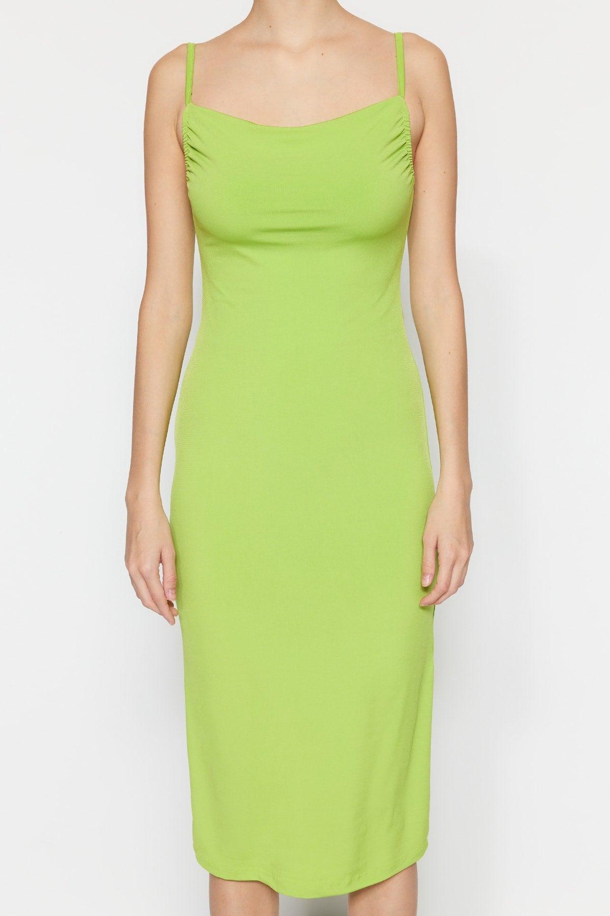 Light Green Fitted Collar Collar Midi Strap Stretchy Knitted Dress TWOSS19AD0020 - Swordslife