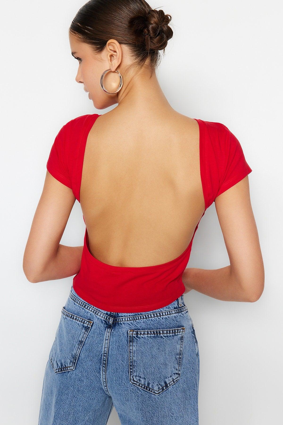 Red Low Back Crop Cotton Stretch Knitted Blouse TWOSS23BZ00912 - Swordslife