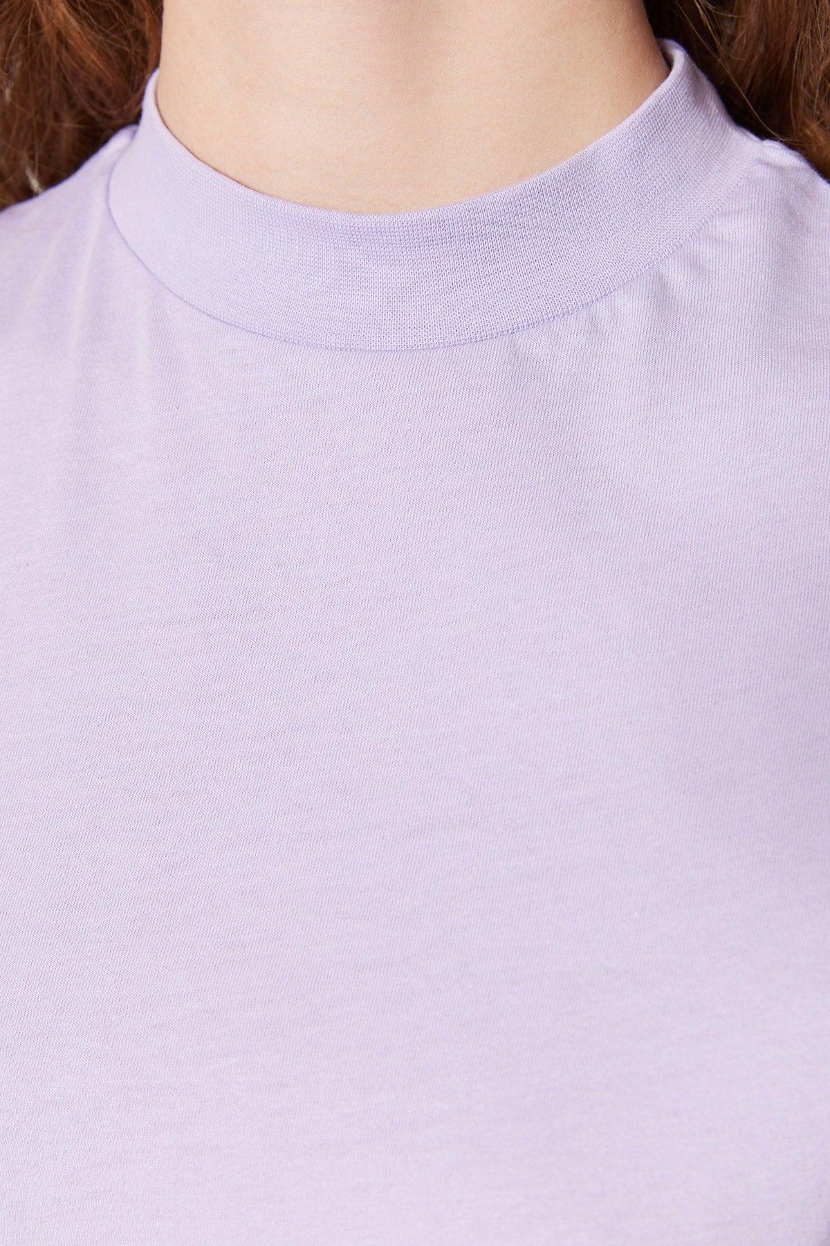 Lilac 100% Cotton Basic Stand Up Collar Knitted T-shirt TWOAW20TS0096 - Swordslife