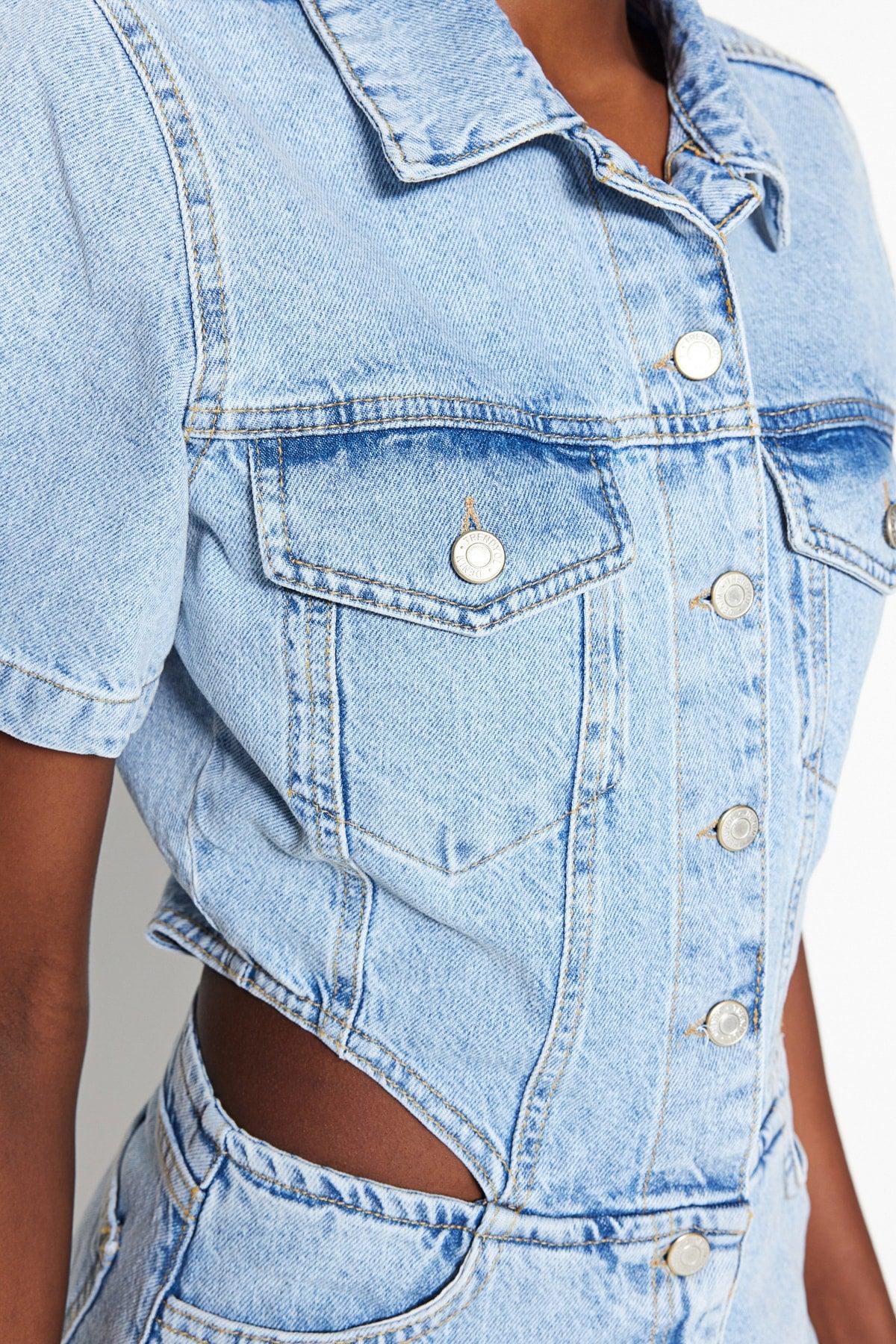 Light Blue Cut-Out Detailed Denim Overalls TWOSS23TU00046 - Swordslife