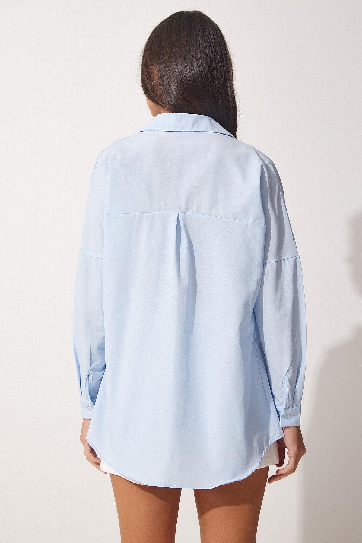 Women's Sky Blue Oversize Long Basic Shirt DD00842 - Swordslife