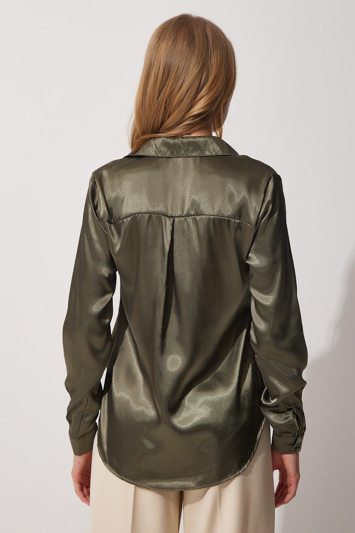 Women's Dark Khaki Lightly Flowy Satin Shirt DD00990 - Swordslife